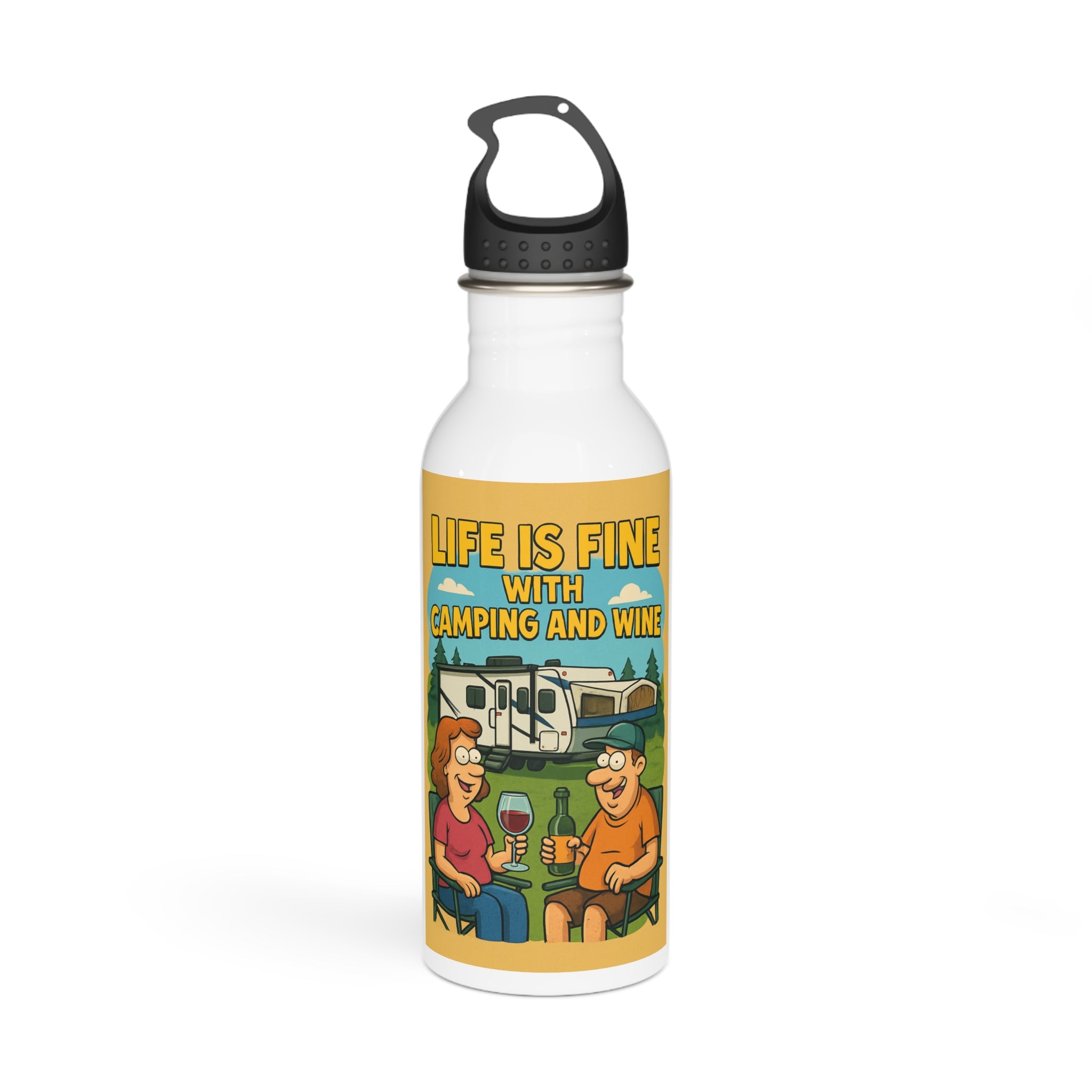 Camping and Wine Stainless Steel Water Bottle, Outdoor Adventure Drinkware, Hydration Gift, Travel Companion, RV Life, Summer Fun
