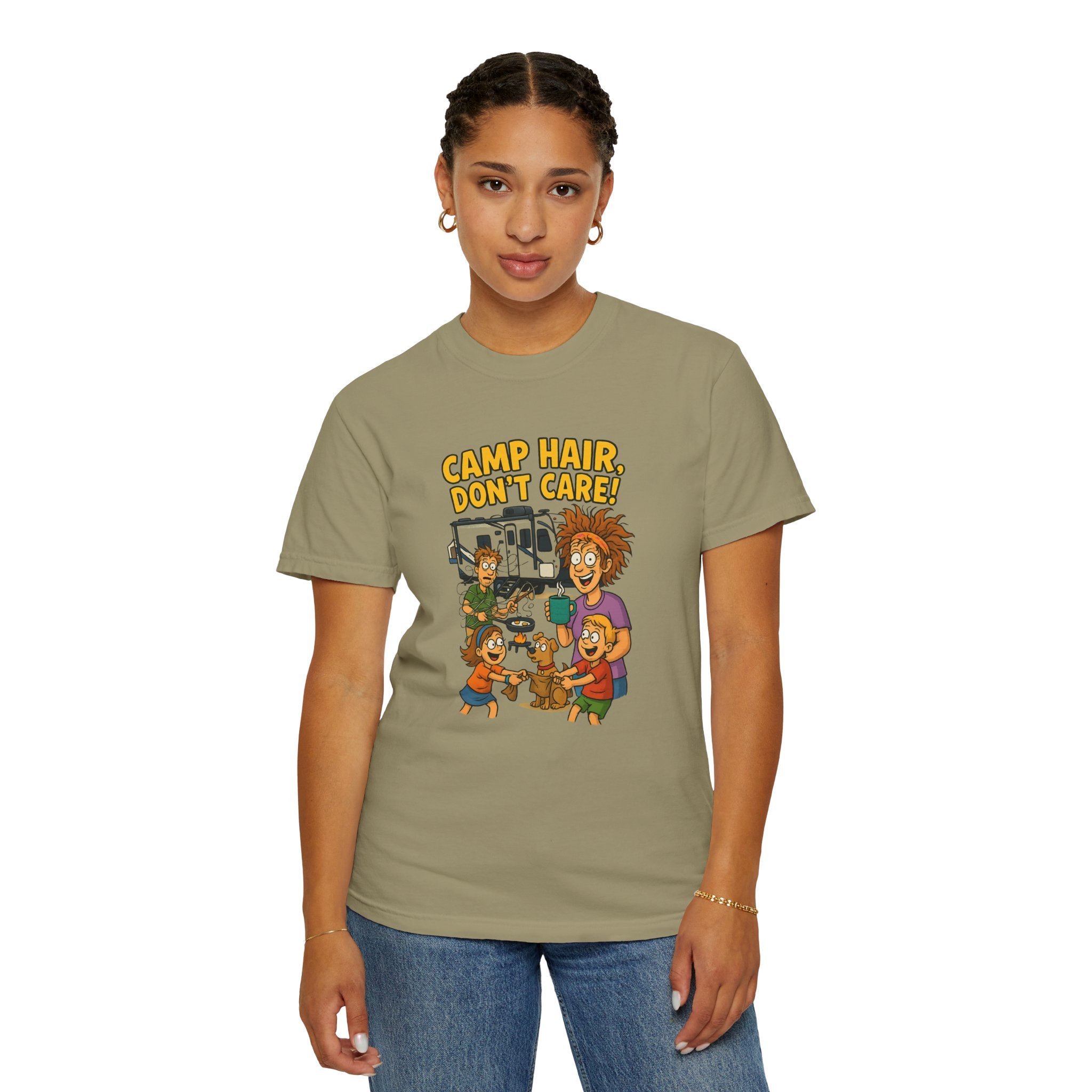 Camp Hair Don't Care T-Shirt, Unisex Garment-Dyed Tee, Camping Apparel, Funny Summer Shirt, Outdoor Lovers Gift, Vacation Essential