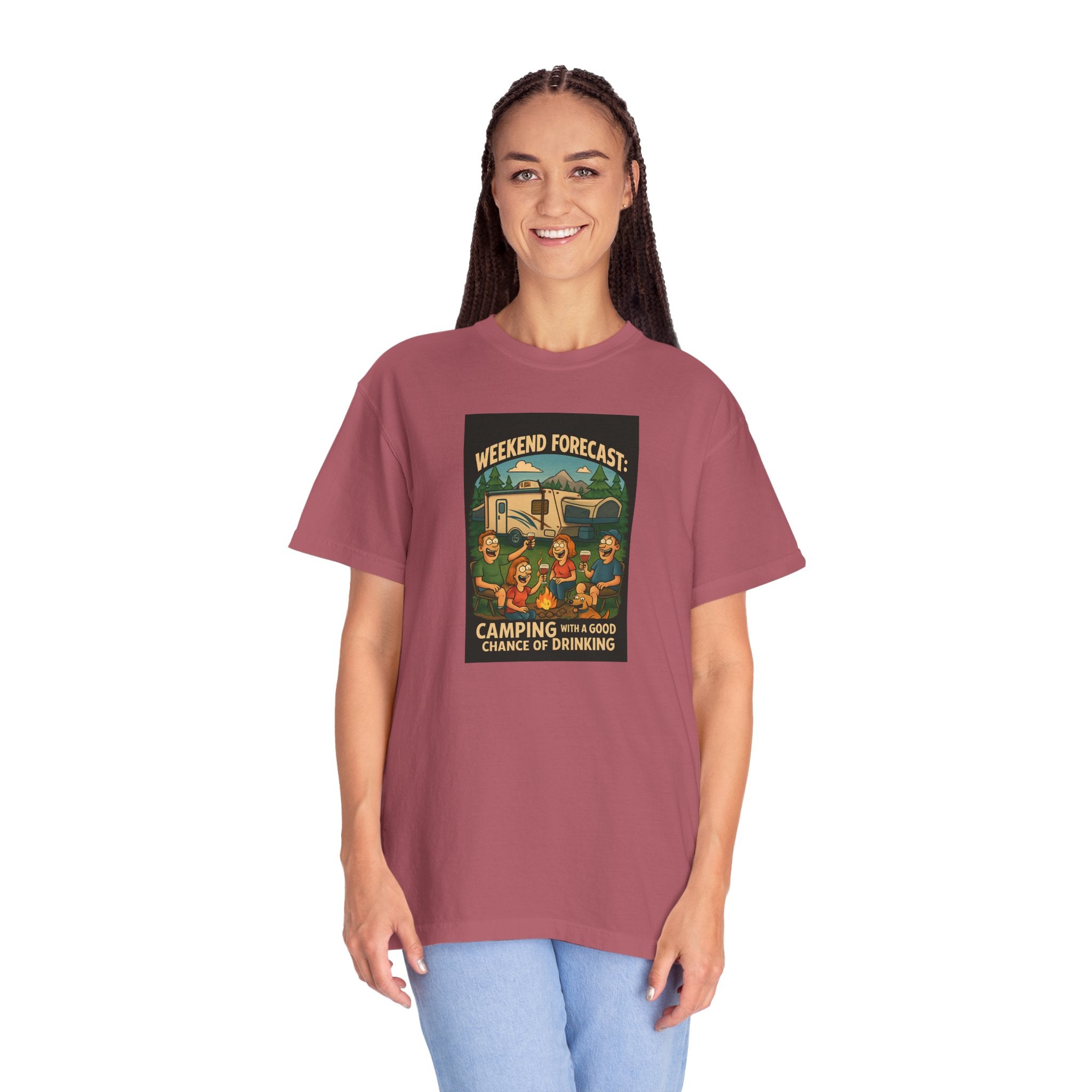 Camping Forecast T-Shirt, Unisex Graphic Tee, Gift for Campers, Outdoor Adventure Apparel, Weekend Getaway Shirt, Nature Lover's Tee