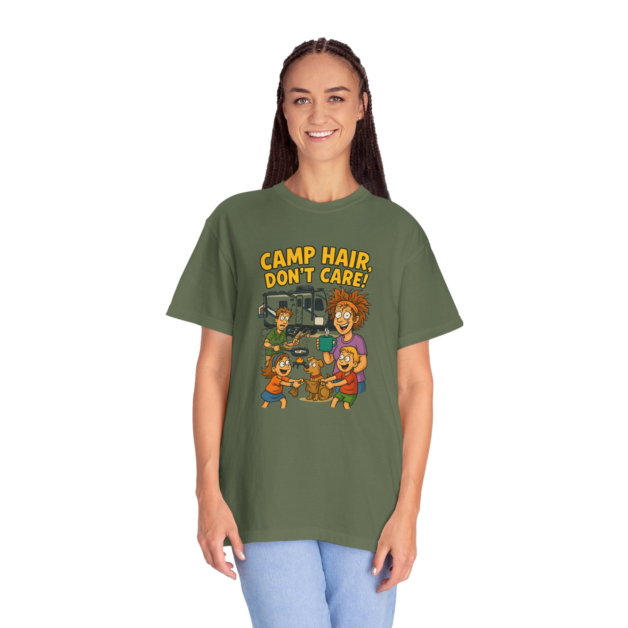 Camp Hair Don't Care T-Shirt, Unisex Garment-Dyed Tee, Camping Apparel, Funny Summer Shirt, Outdoor Lovers Gift, Vacation Essential