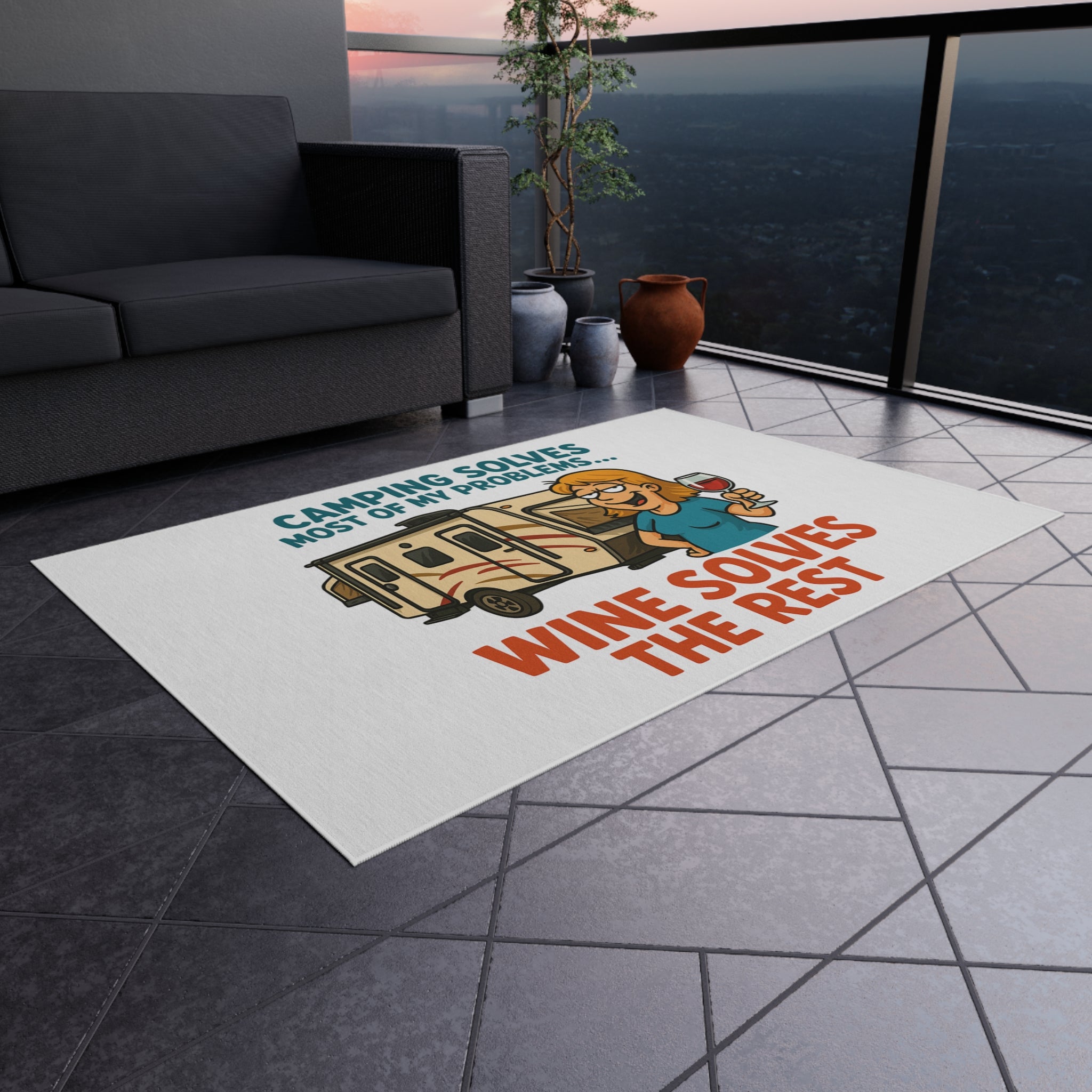 Camping Outdoor Rug - Wine Solves the Rest, Patio Decor, RV Accessories, Outdoor Living, Camping Gear