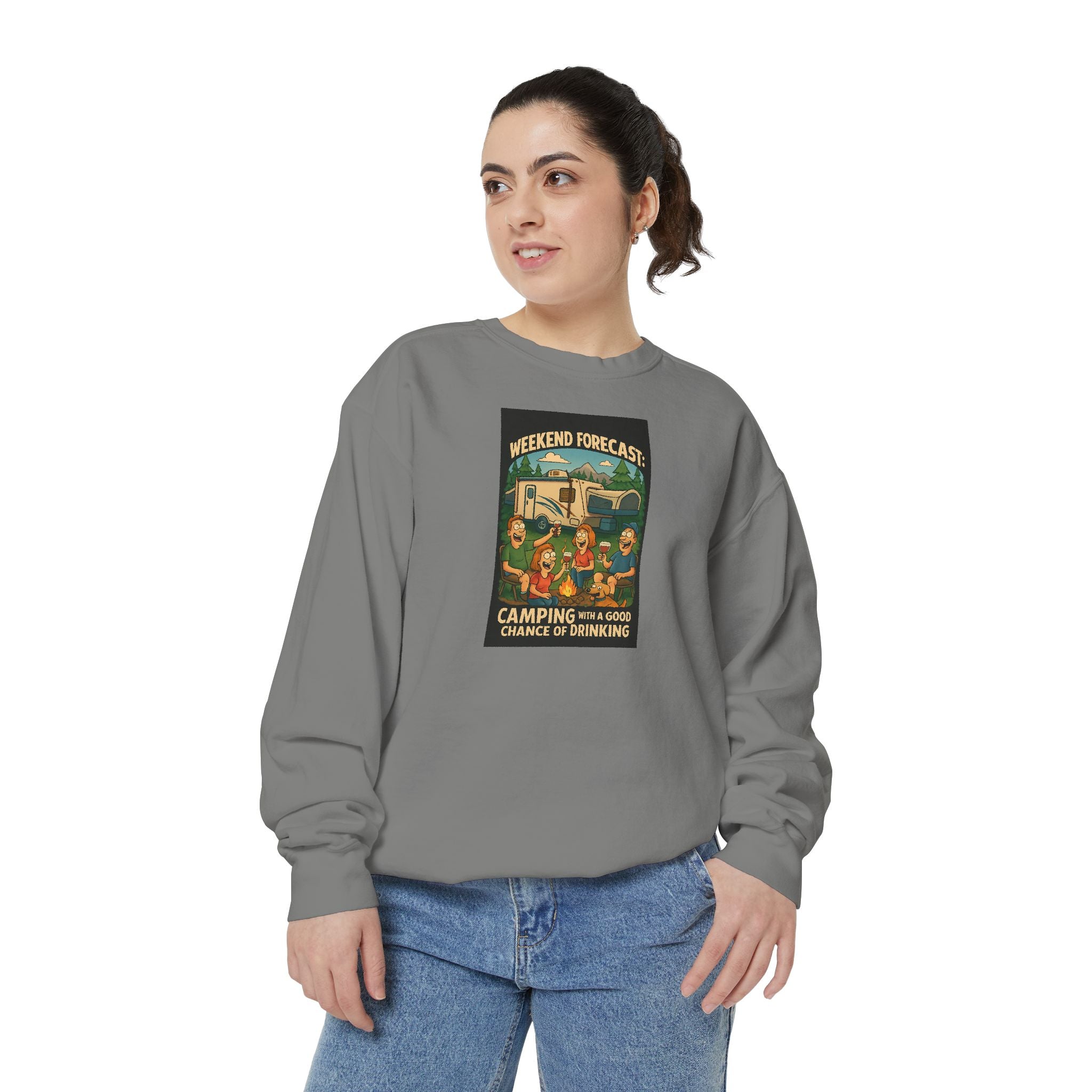 Weekend Forecast Camping Sweatshirt, Cozy Unisex Sweatshirt, Gift for Campers, Outdoor Adventure Apparel, Relaxed Fit Sweatshirt