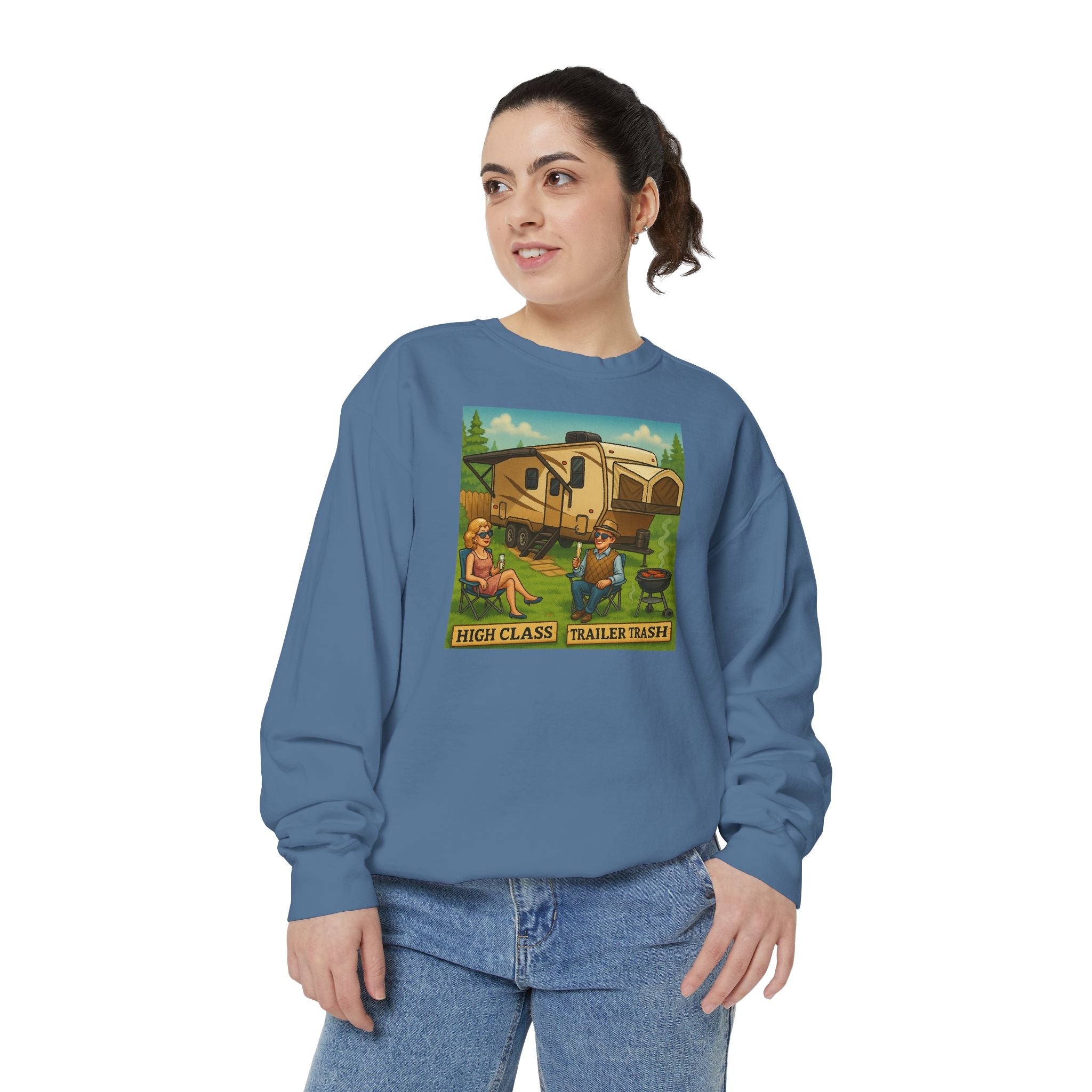 Vintage-Inspired Unisex Sweatshirt with 'High Class Trail Trash' Design