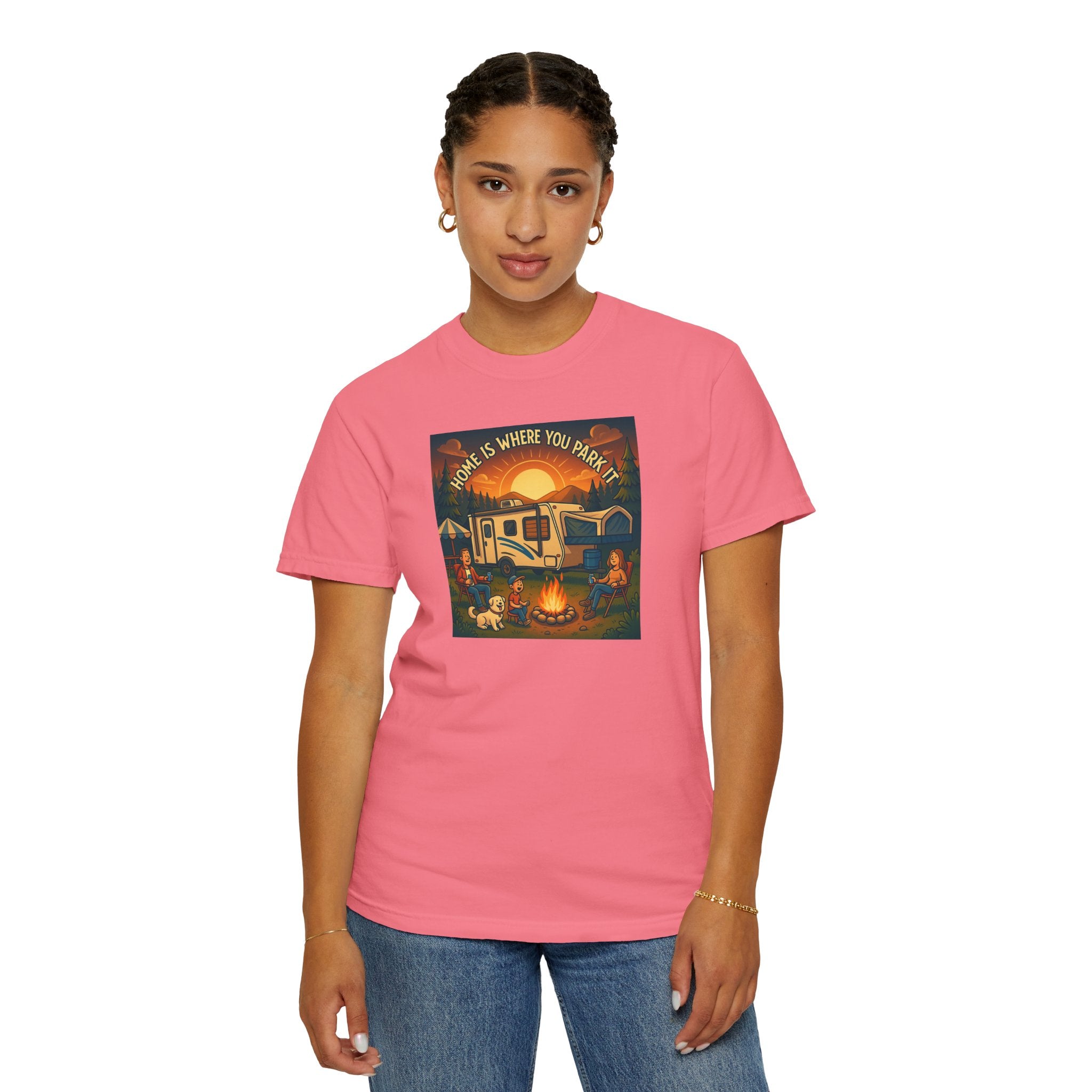 Home Is Where You Park T-shirt - Unisex Garment-Dyed Tee for Campers, Adventure Lovers, Outdoor Enthusiasts, Gift Idea