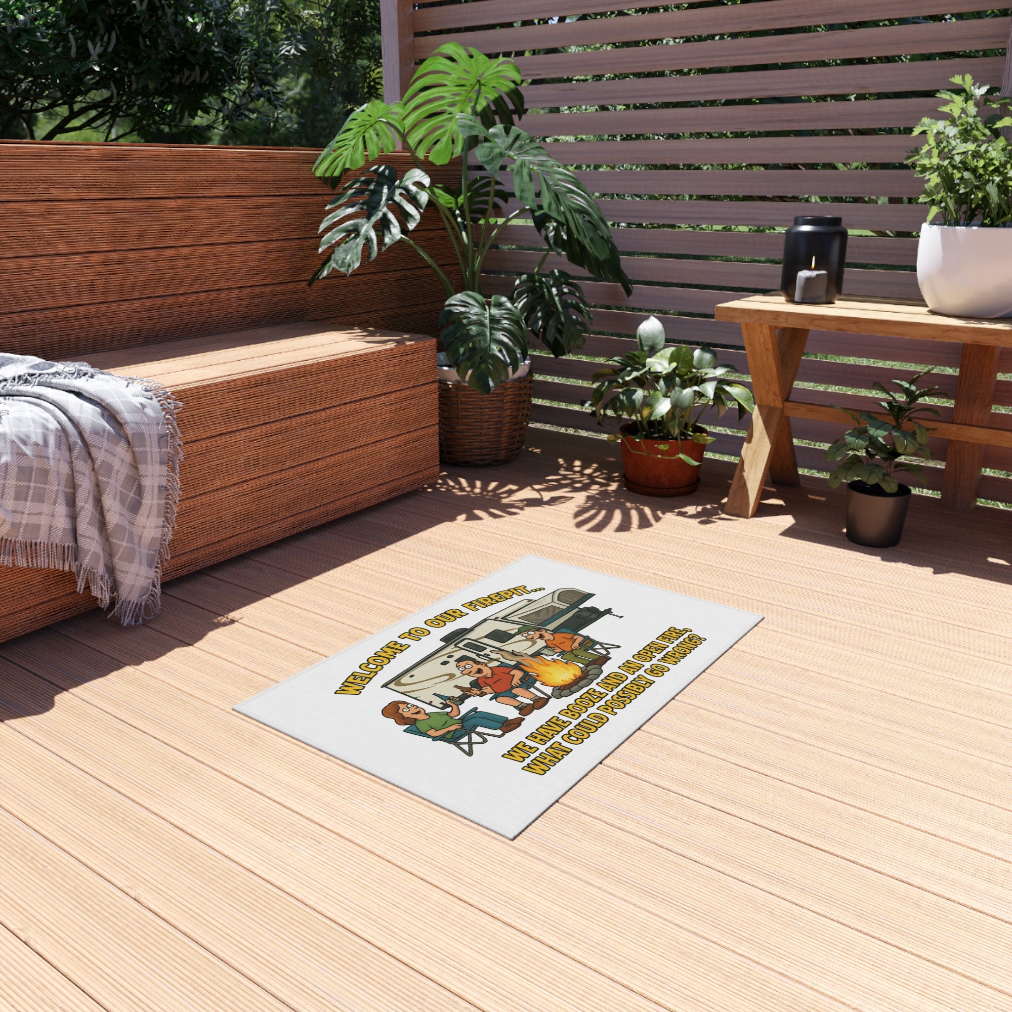 Welcome to Our Firepit Outdoor Rug - Perfect for Camping, Backyard Gatherings, RV Decor, and Bonfire Nights