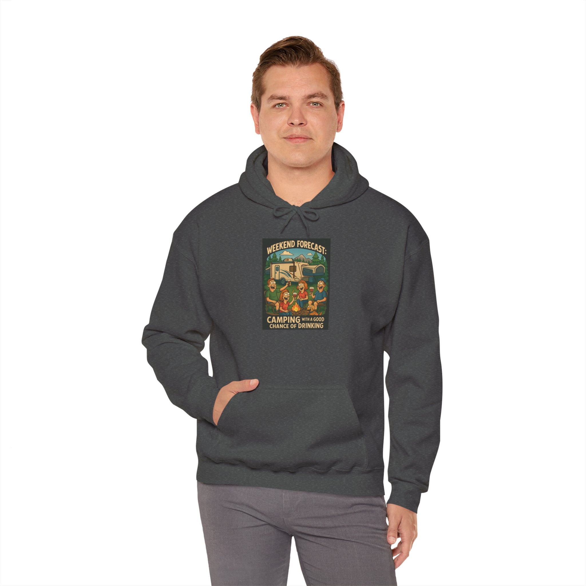 Camping Forecast Graphic Hoodie, Unisex Heavy Blend Sweatshirt, Outdoor Apparel, Weekend Getaway Gift, Nature Lover Clothing