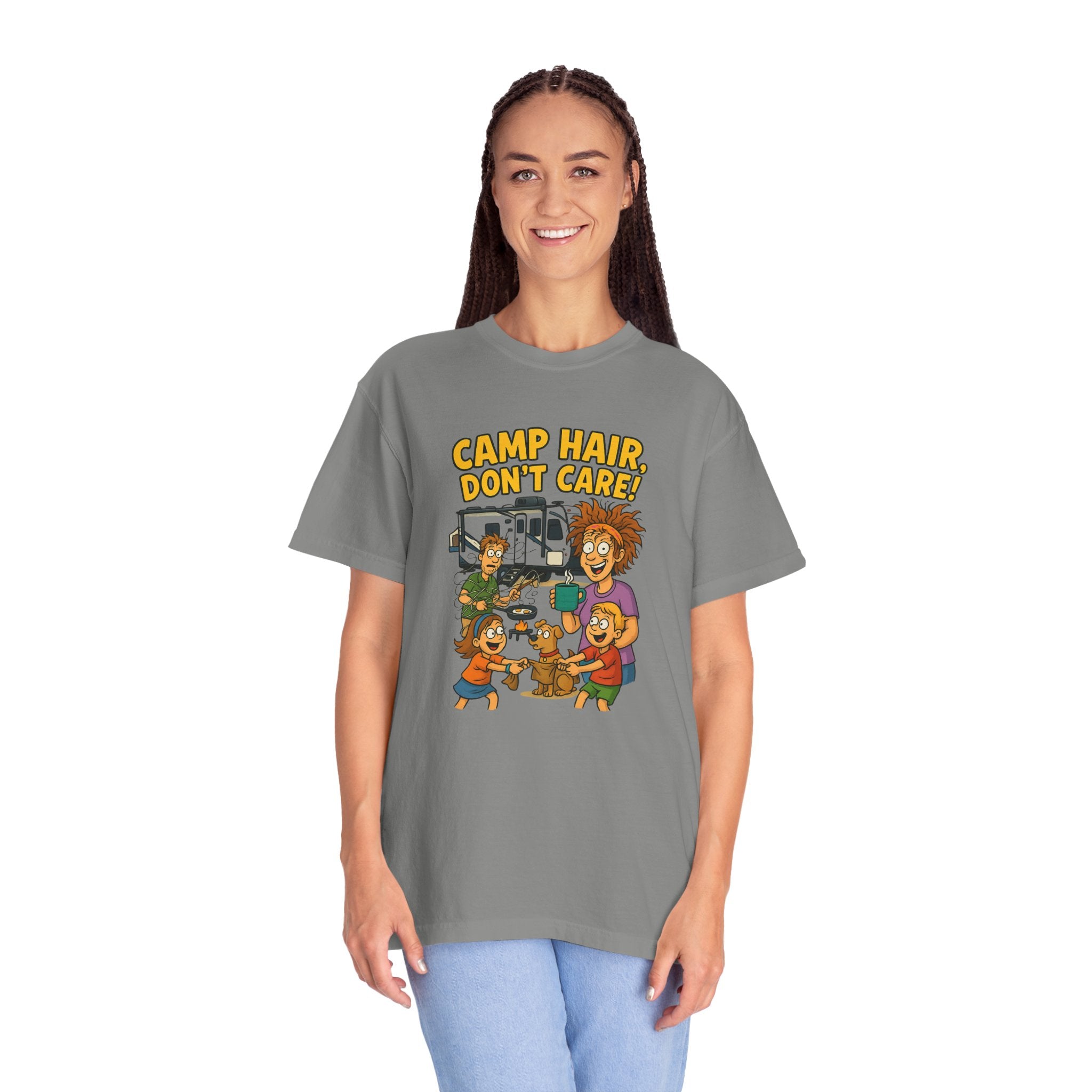 Camp Hair Don't Care T-Shirt, Unisex Garment-Dyed Tee, Camping Apparel, Funny Summer Shirt, Outdoor Lovers Gift, Vacation Essential