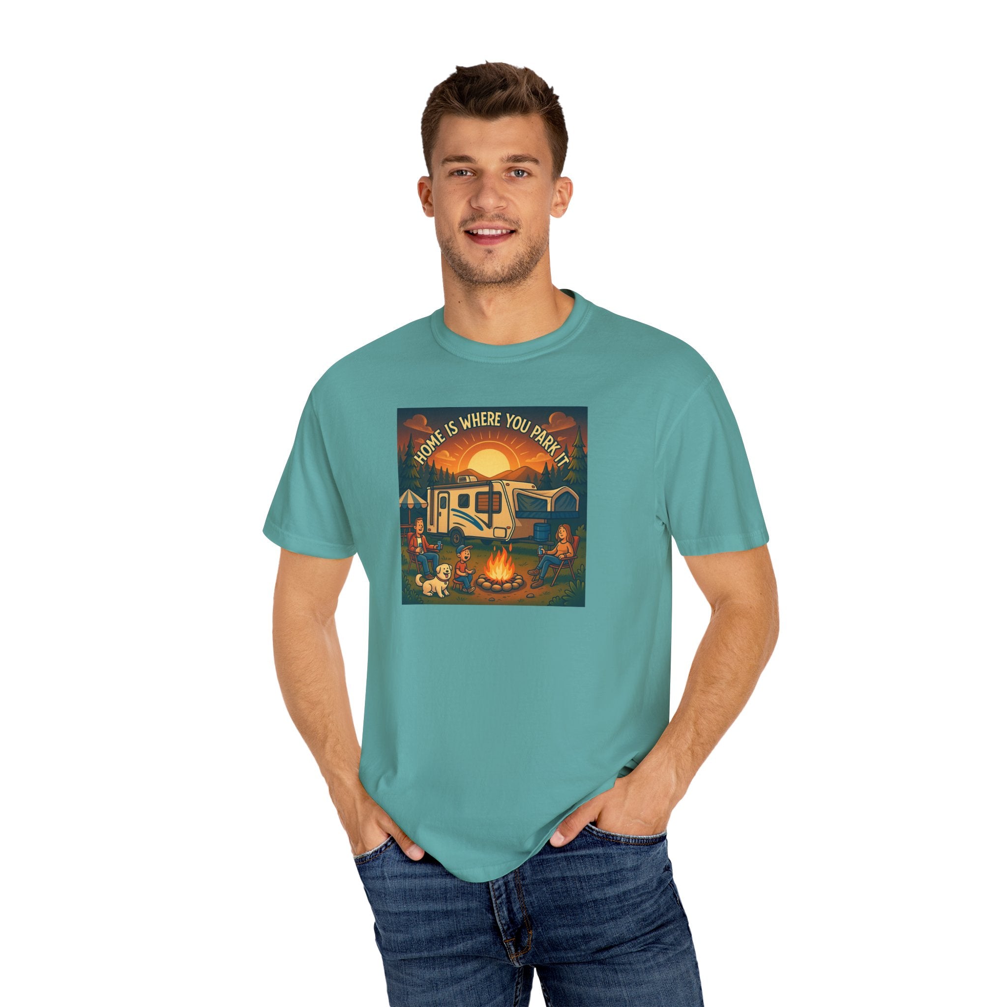 Home Is Where You Park T-shirt - Unisex Garment-Dyed Tee for Campers, Adventure Lovers, Outdoor Enthusiasts, Gift Idea