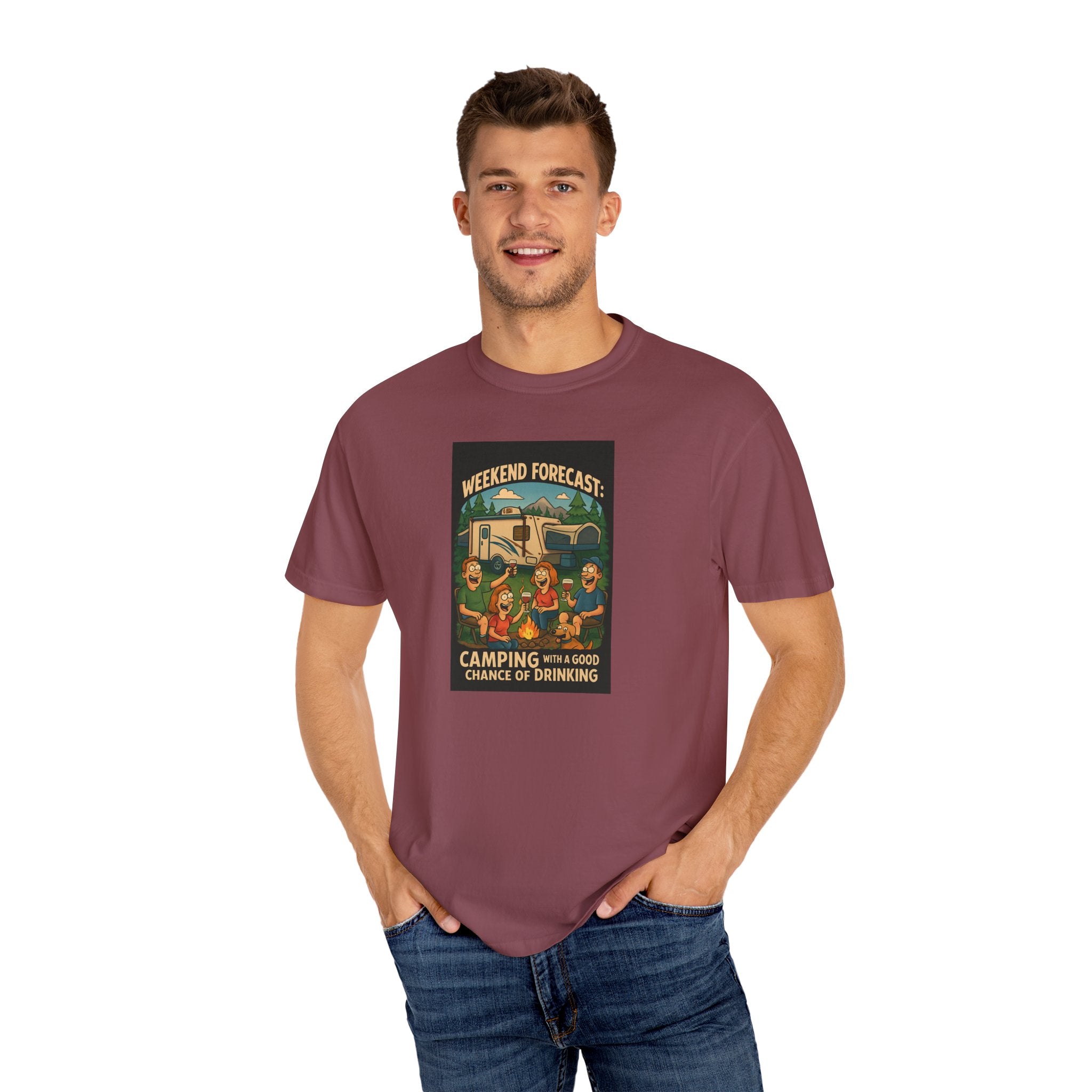 Camping Forecast T-Shirt, Unisex Graphic Tee, Gift for Campers, Outdoor Adventure Apparel, Weekend Getaway Shirt, Nature Lover's Tee
