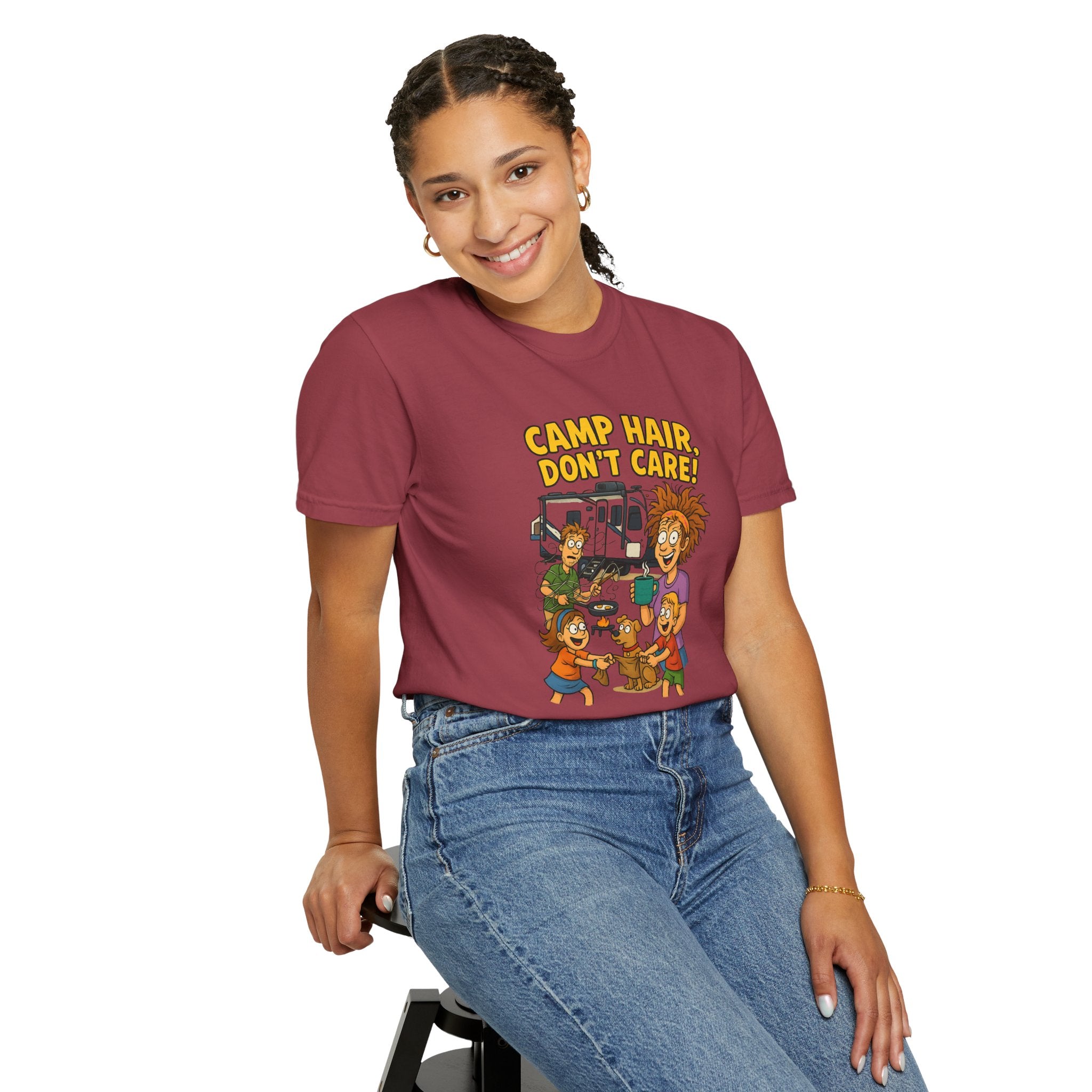 Camp Hair Don't Care T-Shirt, Unisex Garment-Dyed Tee, Camping Apparel, Funny Summer Shirt, Outdoor Lovers Gift, Vacation Essential