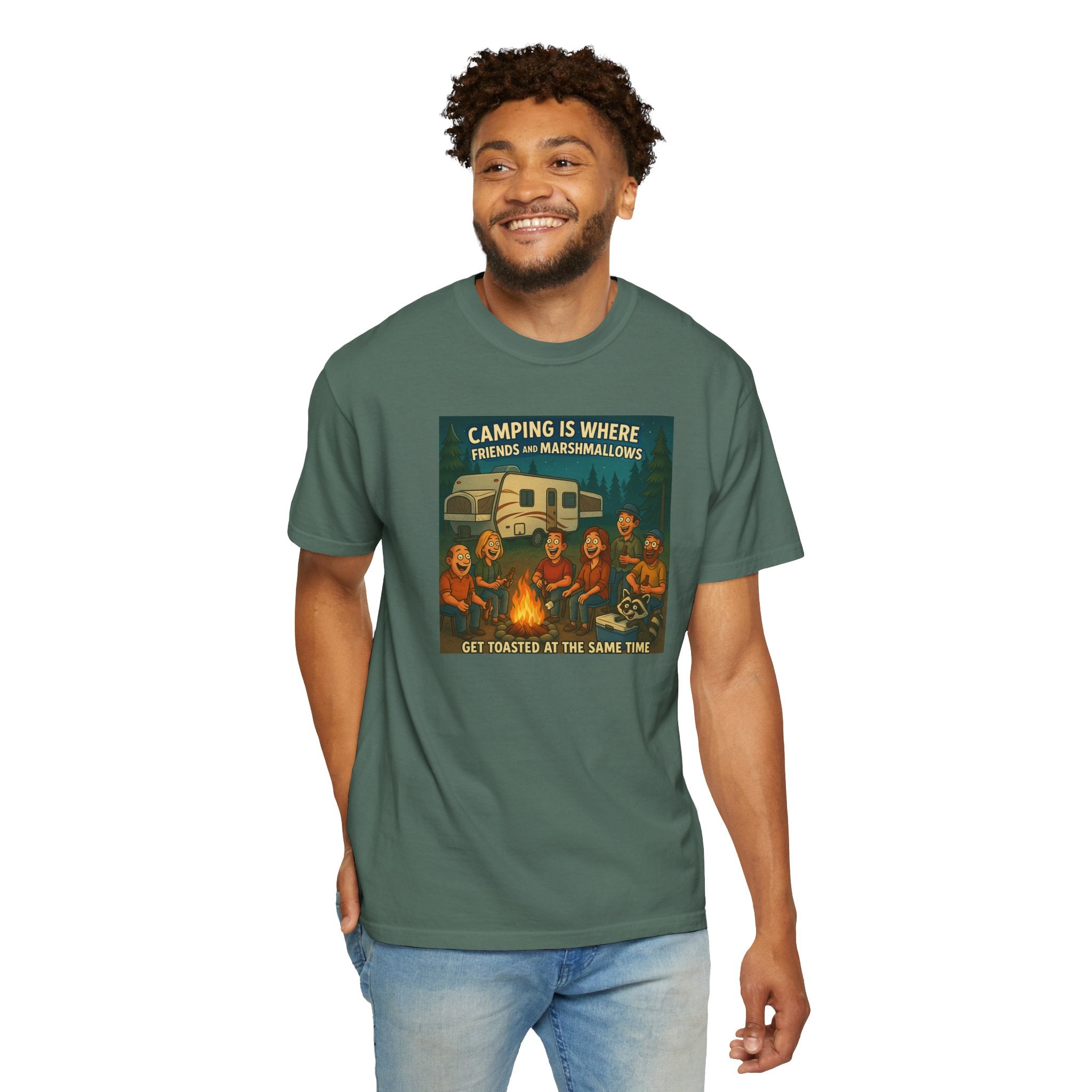 Camping T-Shirt: Get Toasted with Friends, Unisex Garment-Dyed Tee, Outdoor Adventure Shirt, Camping Gift, Summer BBQ Shirt, Family [...]