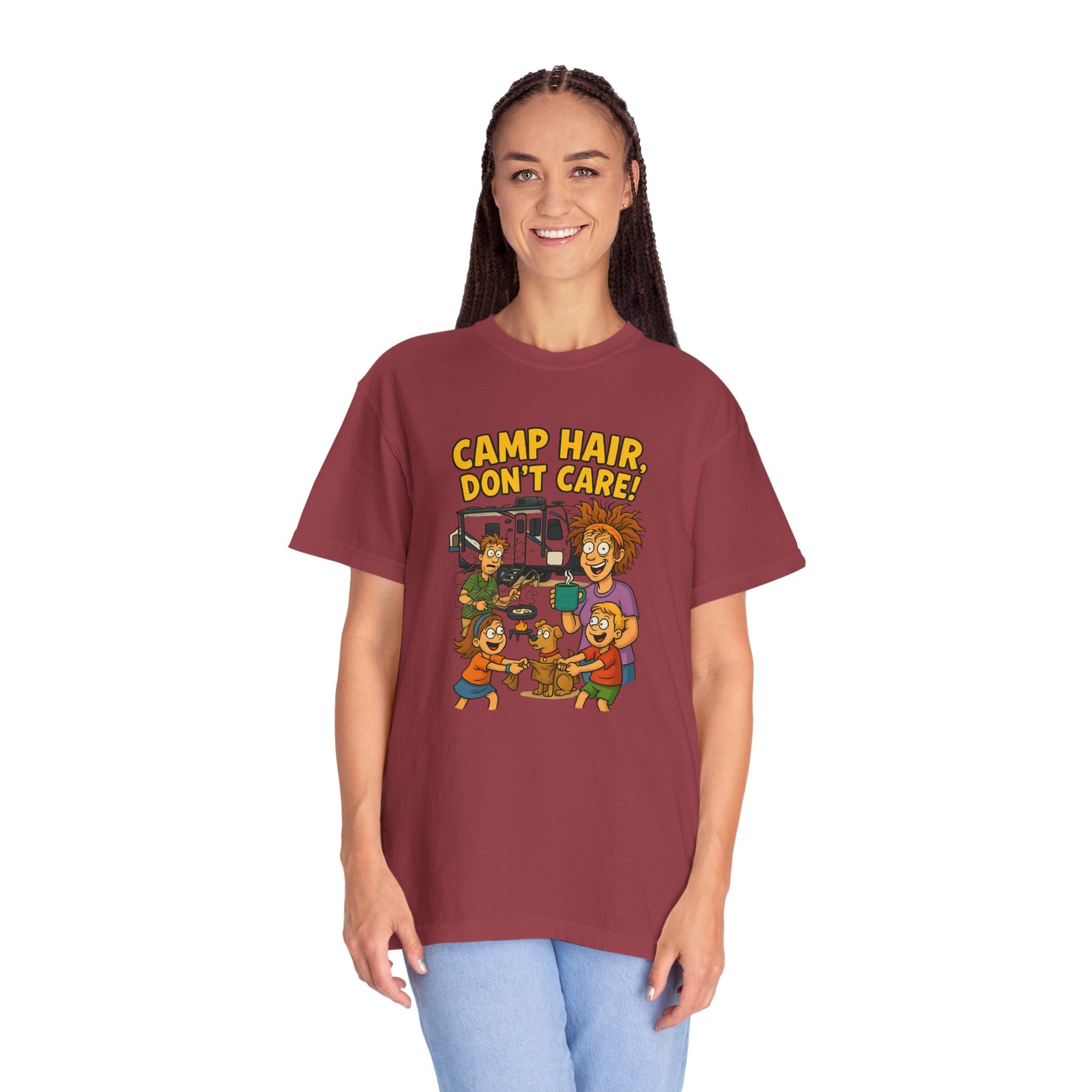 Camp Hair Don't Care T-Shirt, Unisex Garment-Dyed Tee, Camping Apparel, Funny Summer Shirt, Outdoor Lovers Gift, Vacation Essential
