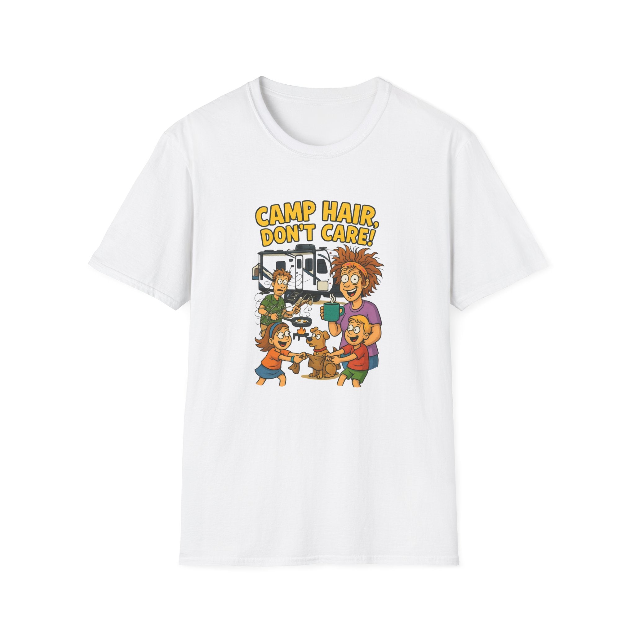 Camp Hair Don't Care Unisex Softstyle T-Shirt - Fun Summer Vibes for Campers