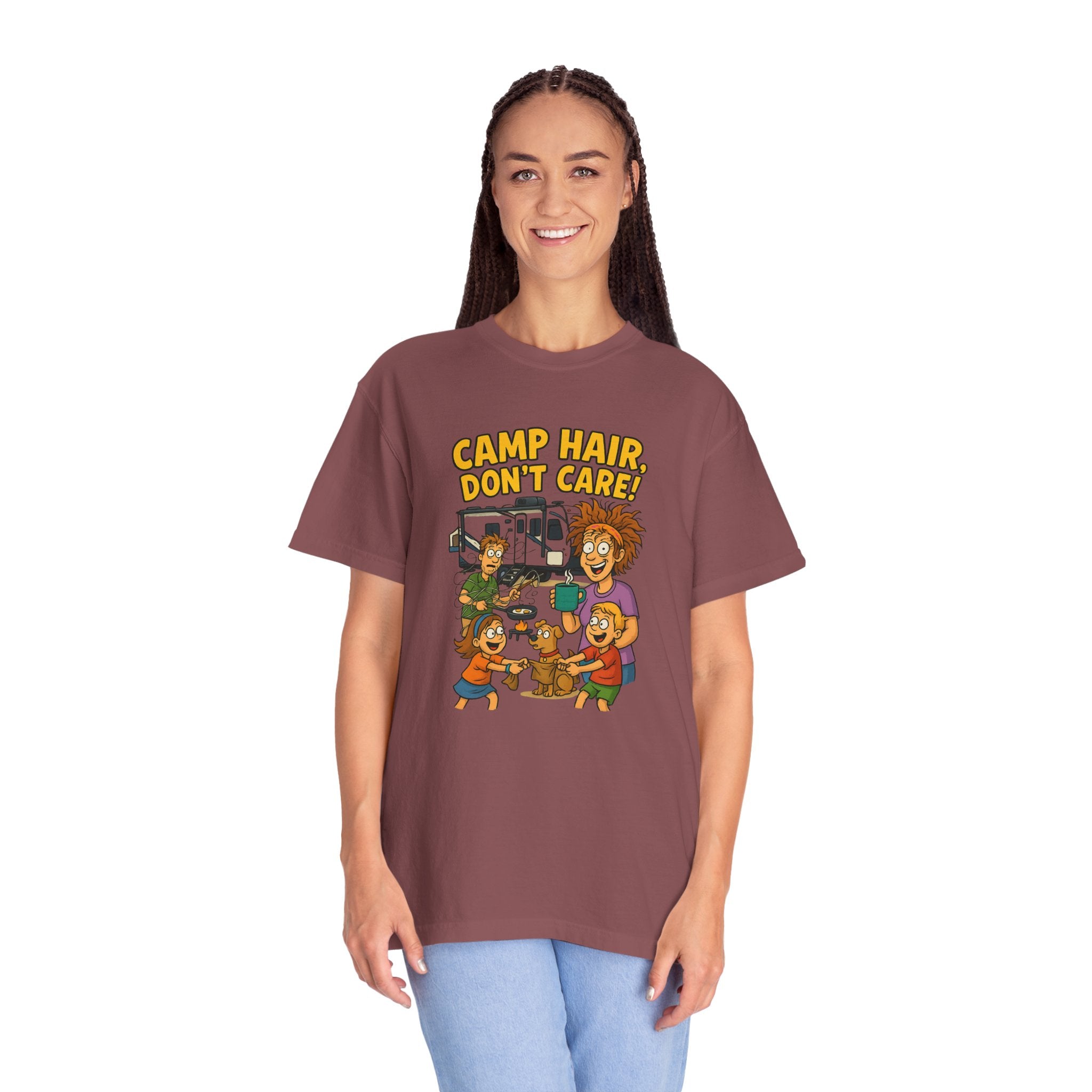 Camp Hair Don't Care T-Shirt, Unisex Garment-Dyed Tee, Camping Apparel, Funny Summer Shirt, Outdoor Lovers Gift, Vacation Essential