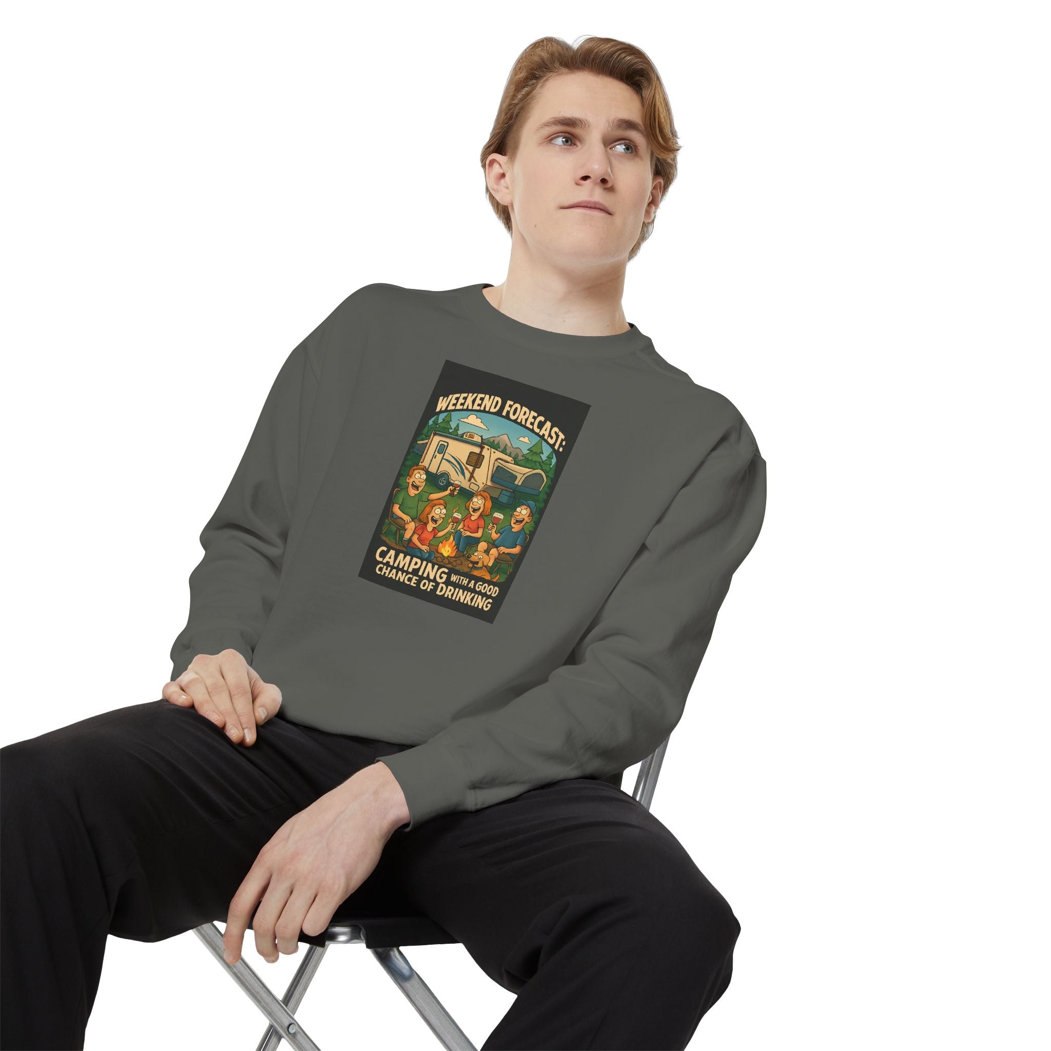 Weekend Forecast Camping Sweatshirt, Cozy Unisex Sweatshirt, Gift for Campers, Outdoor Adventure Apparel, Relaxed Fit Sweatshirt