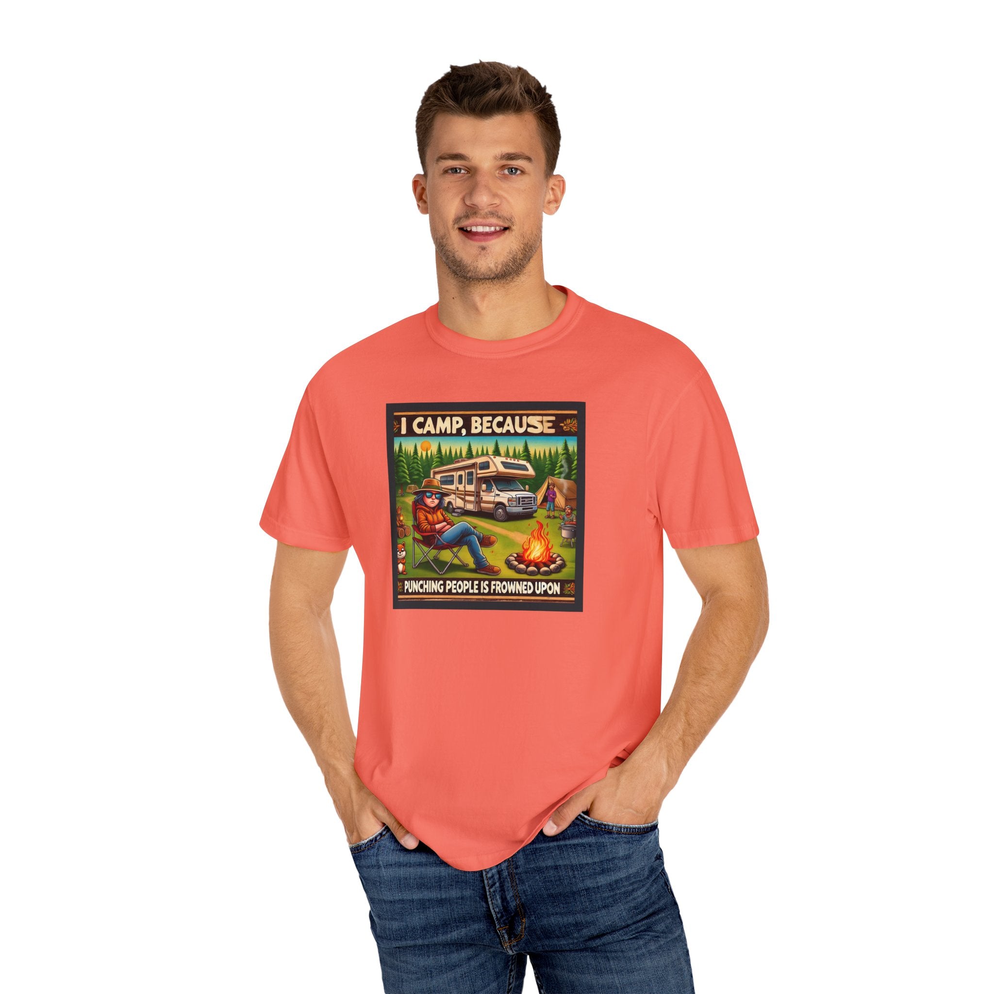 Camp themed Garment-Dyed T-shirt - 'I CAMP, because punching people is frowned upon'