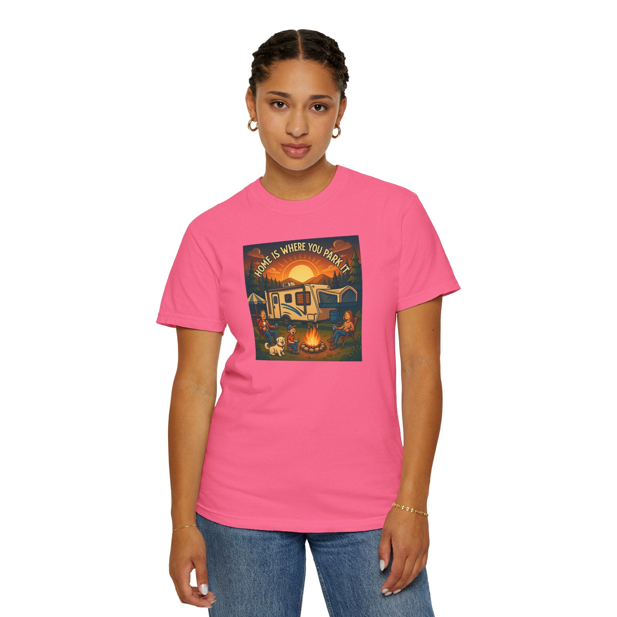 Home Is Where You Park T-shirt - Unisex Garment-Dyed Tee for Campers, Adventure Lovers, Outdoor Enthusiasts, Gift Idea