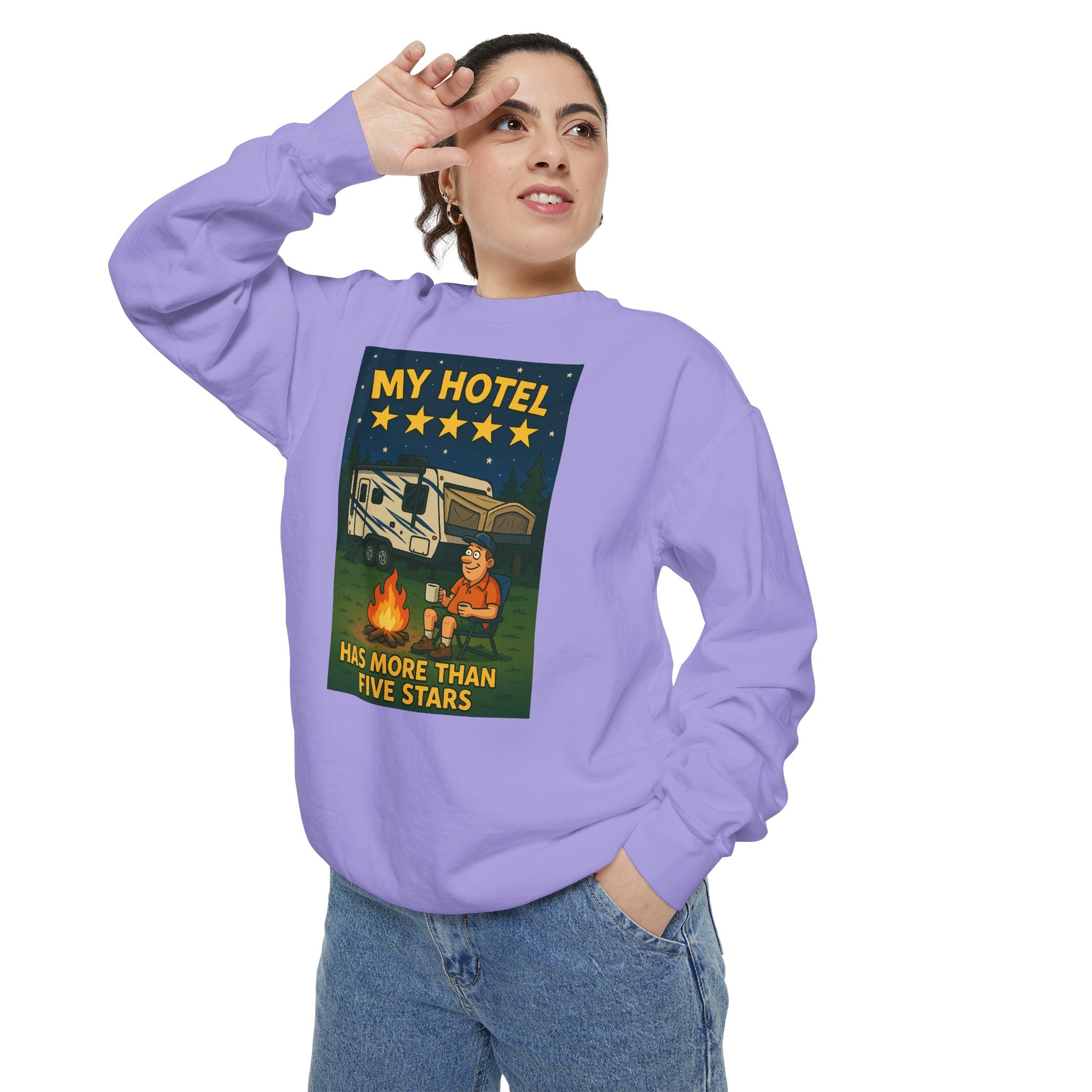 My Hotel Sweatshirt - Cozy Camping Apparel, Unisex Garment-Dyed Sweatshirt for Outdoor Lovers, Perfect for Bonfire Nights, Gift for Campers