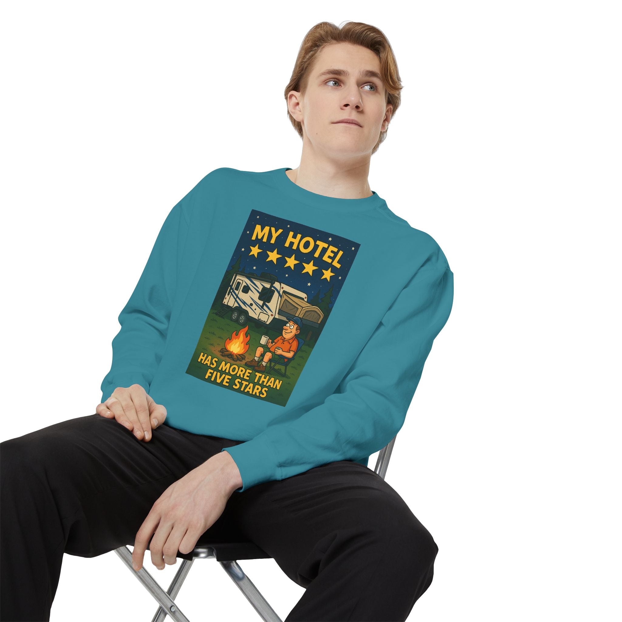 My Hotel Sweatshirt - Cozy Camping Apparel, Unisex Garment-Dyed Sweatshirt for Outdoor Lovers, Perfect for Bonfire Nights, Gift for Campers