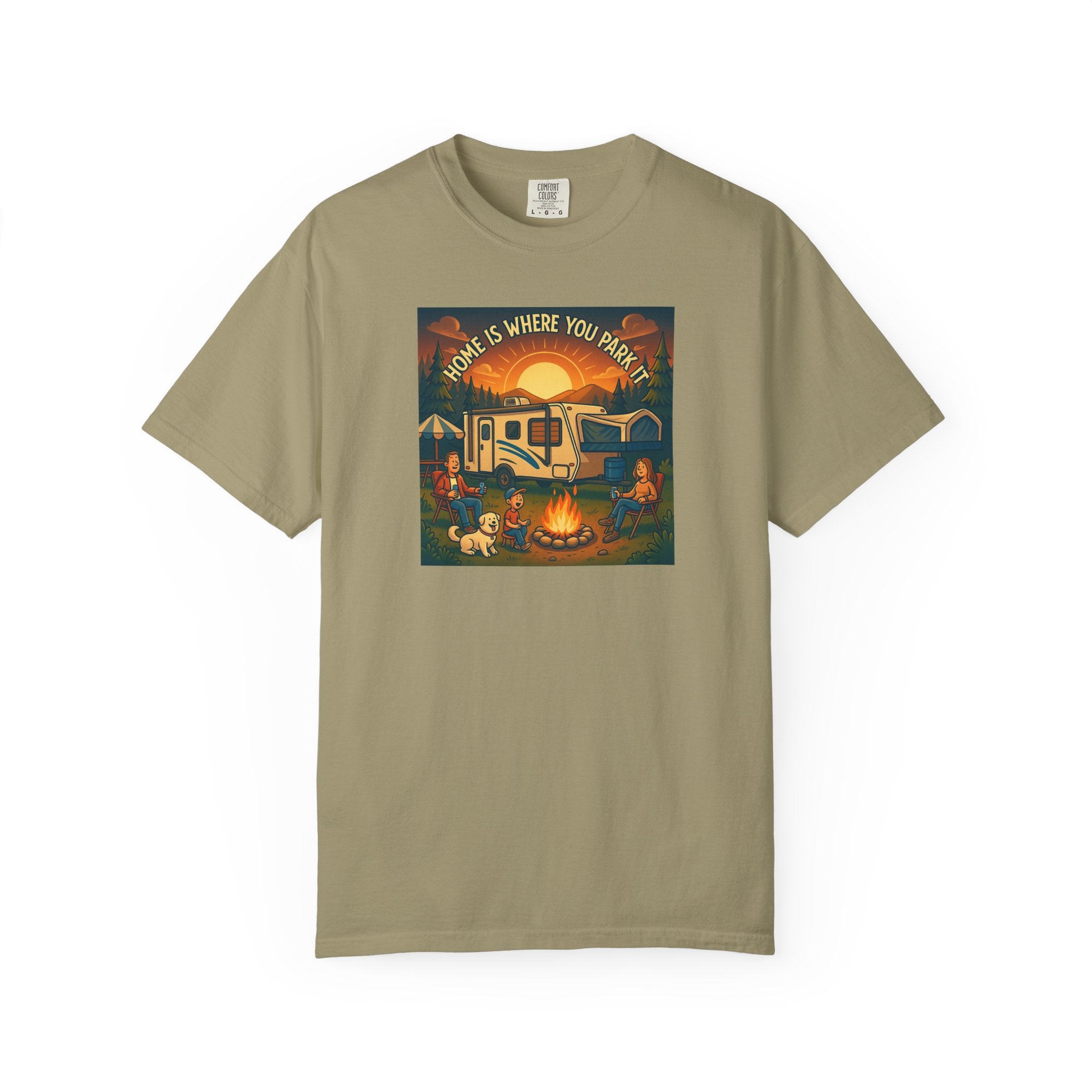 Home Is Where You Park T-shirt - Unisex Garment-Dyed Tee for Campers, Adventure Lovers, Outdoor Enthusiasts, Gift Idea