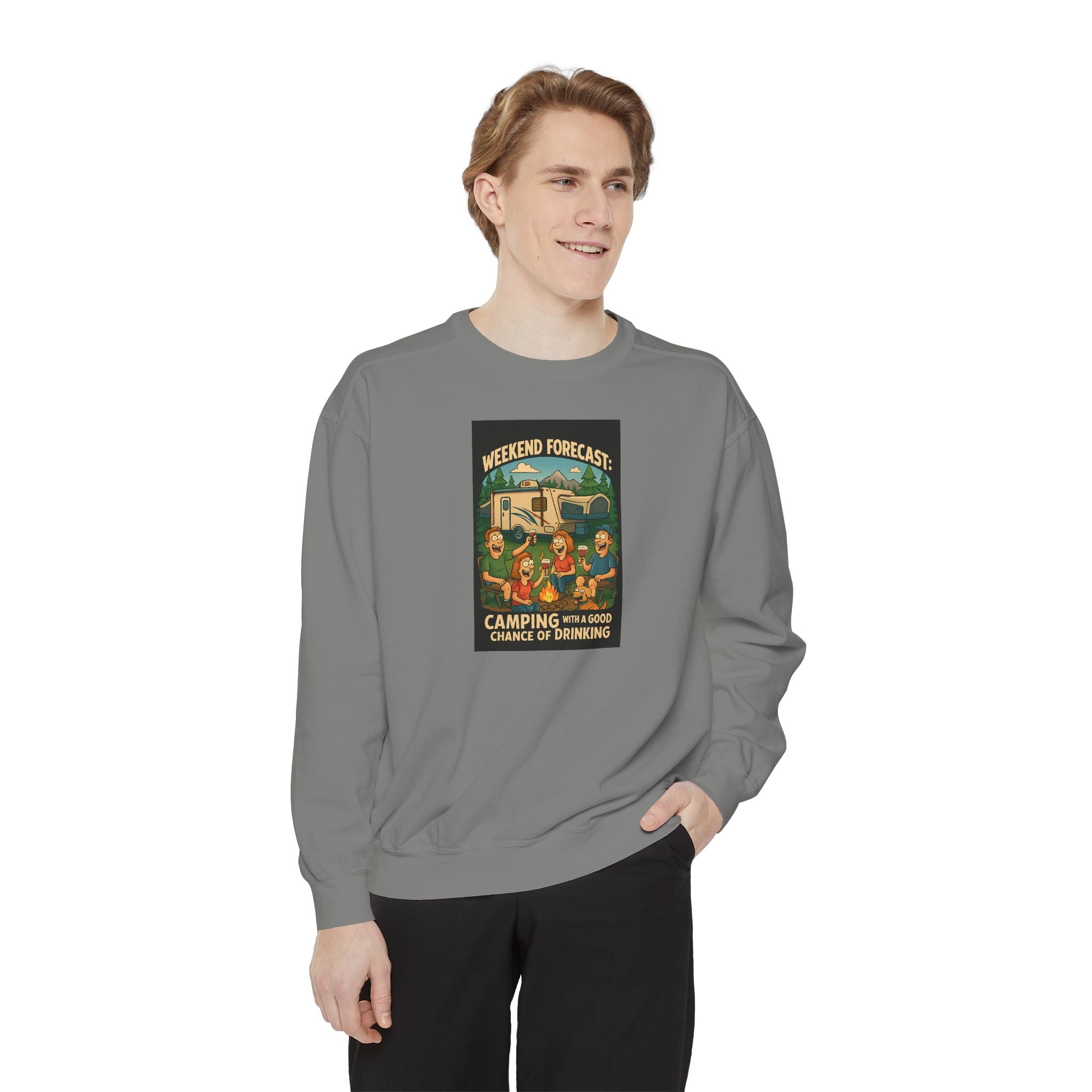 Weekend Forecast Camping Sweatshirt, Cozy Unisex Sweatshirt, Gift for Campers, Outdoor Adventure Apparel, Relaxed Fit Sweatshirt