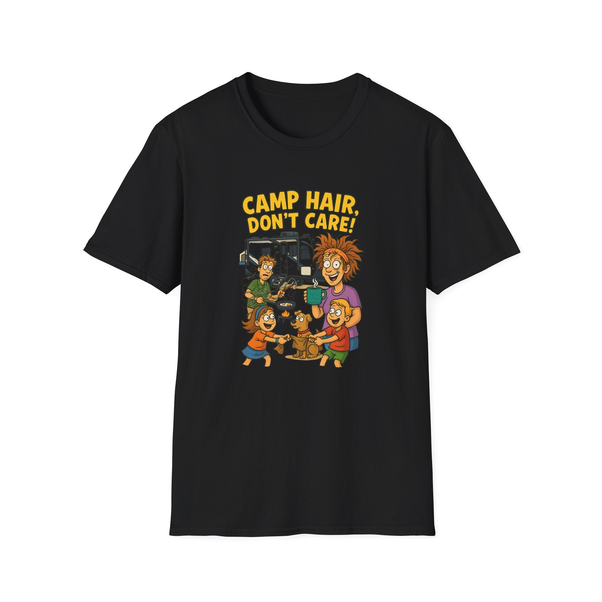 Camp Hair Don't Care Unisex Softstyle T-Shirt - Fun Summer Vibes for Campers