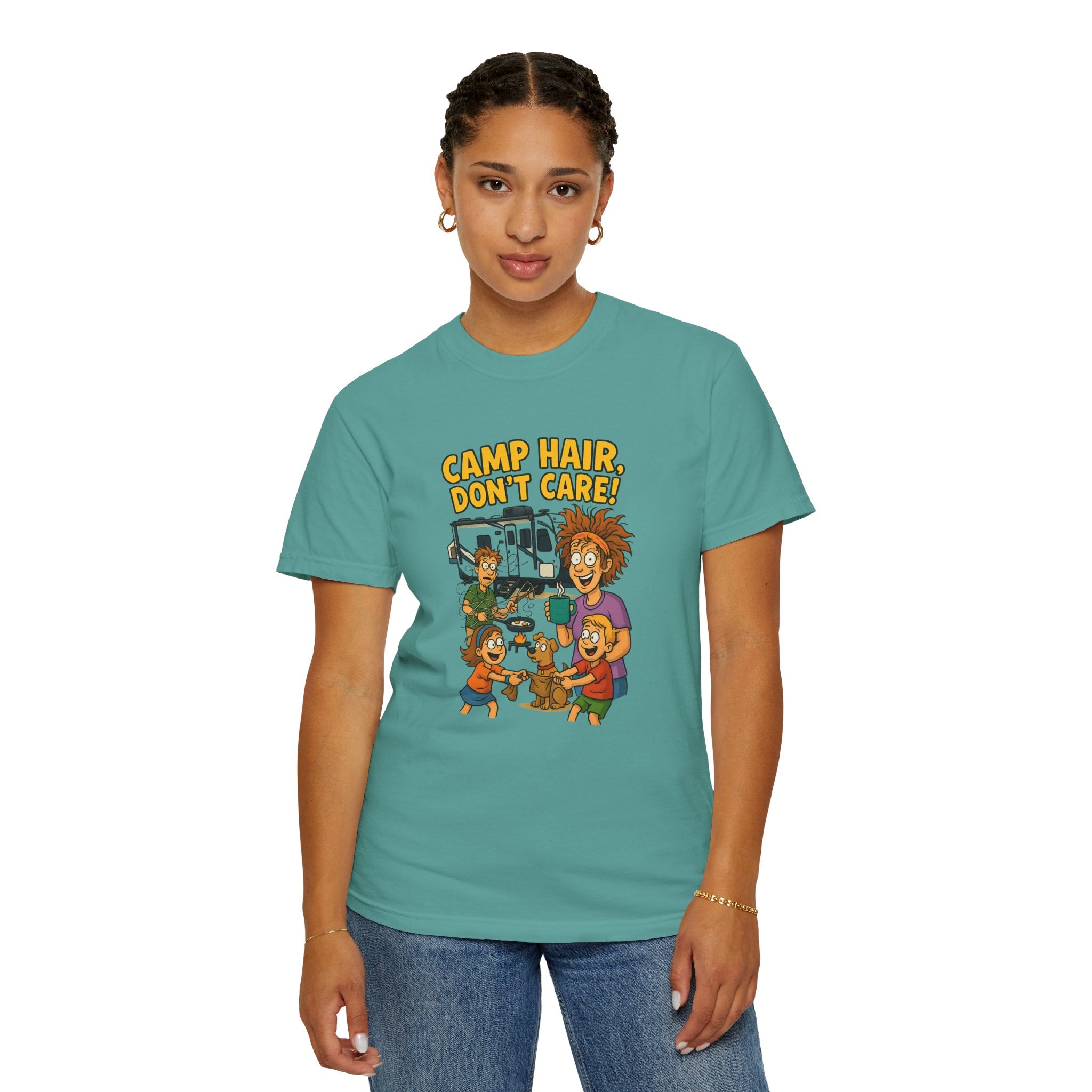 Camp Hair Don't Care T-Shirt, Unisex Garment-Dyed Tee, Camping Apparel, Funny Summer Shirt, Outdoor Lovers Gift, Vacation Essential