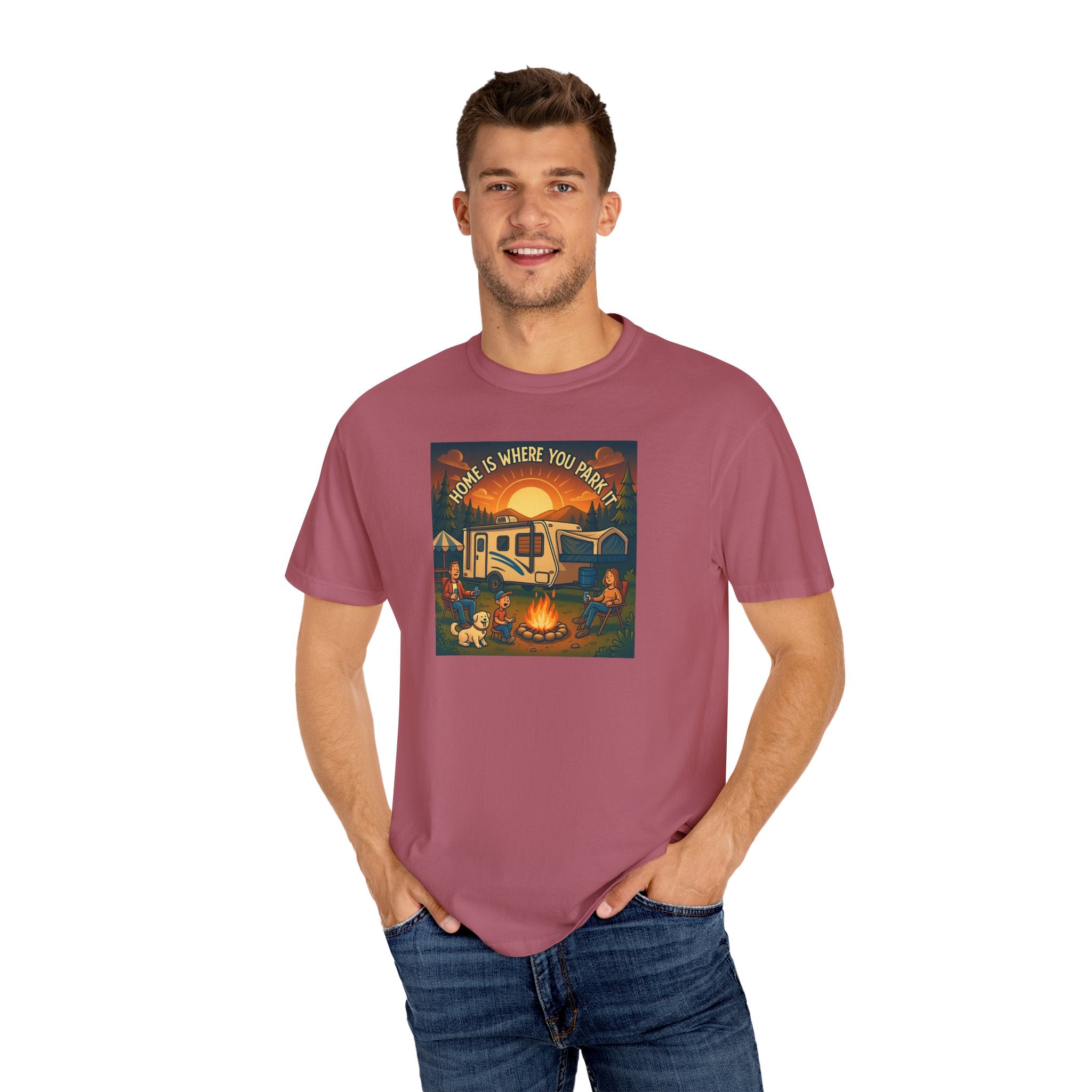 Home Is Where You Park T-shirt - Unisex Garment-Dyed Tee for Campers, Adventure Lovers, Outdoor Enthusiasts, Gift Idea