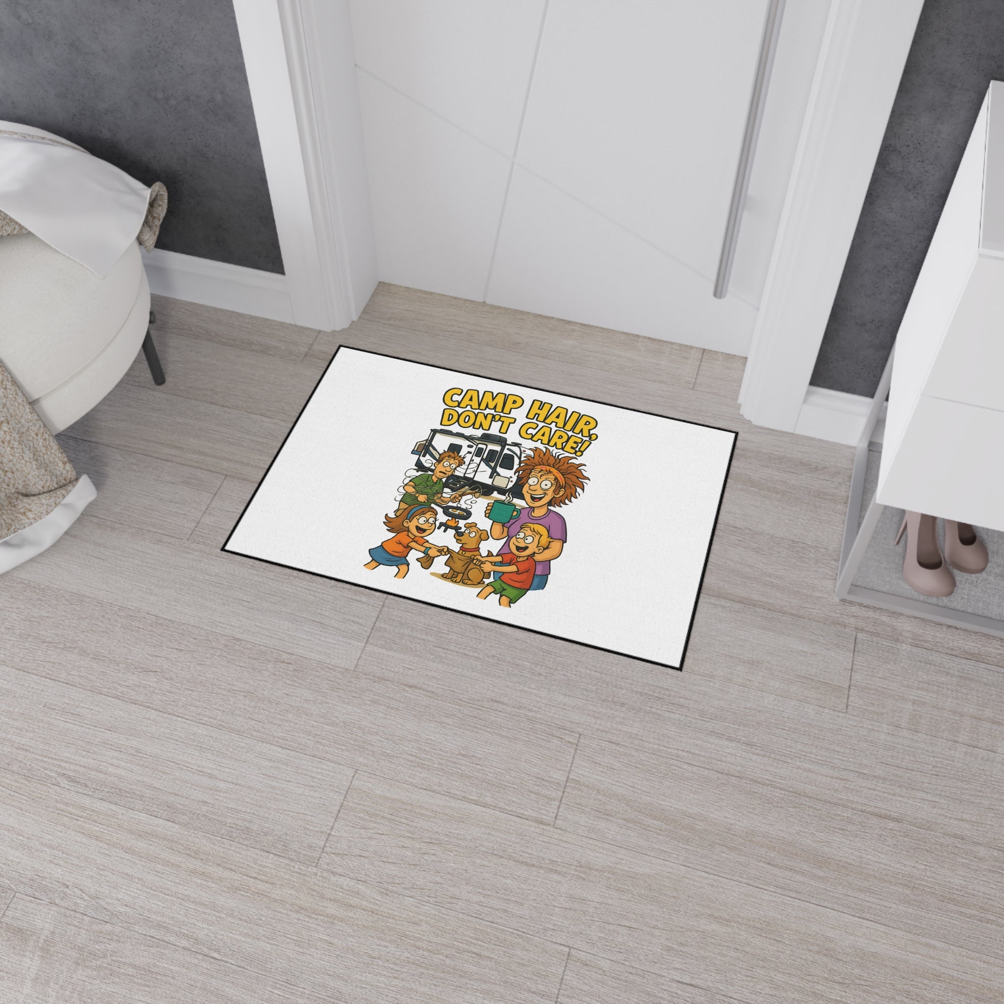 Camp Hair Don't Care Mat | Heavy Duty Floor Mat for Home, RV, Camping, Outdoor Decor, Fun Family Gift