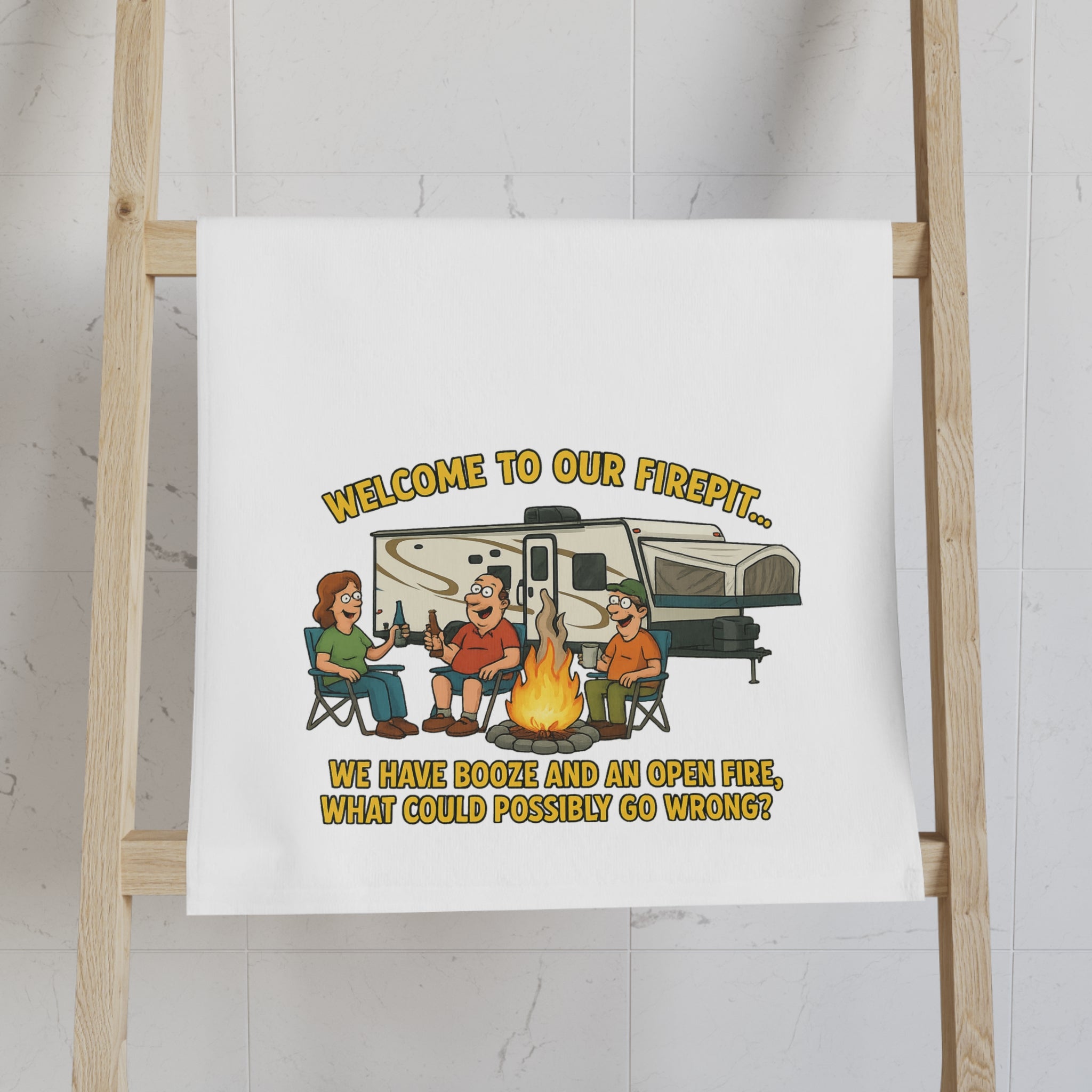 Welcome to Our Fire Pit Hand Towel, Fun Kitchen Decor, Camping Gift, Unique Barbecue Towel, Outdoor Gathering Essential, Holiday Host Gift