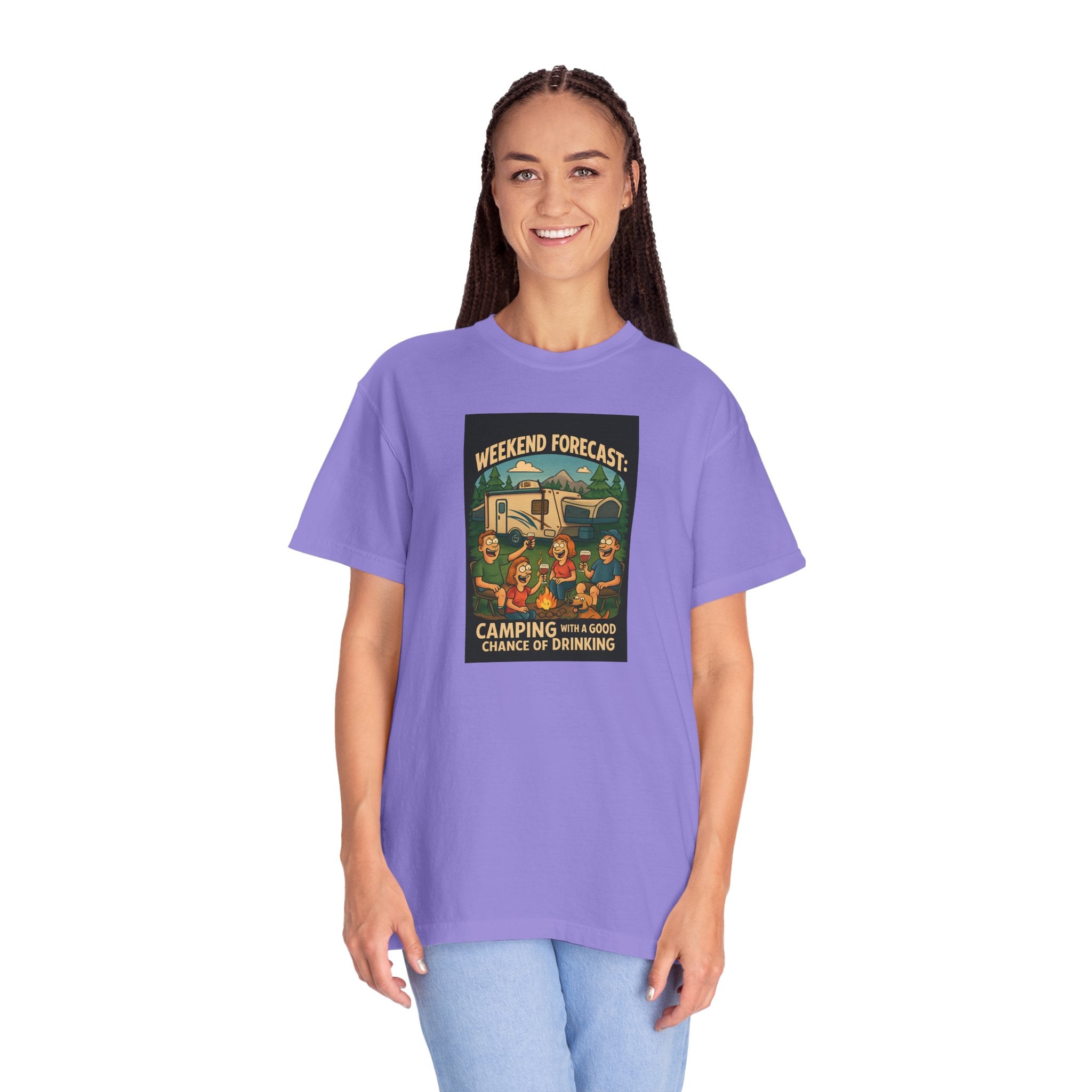Camping Forecast T-Shirt, Unisex Graphic Tee, Gift for Campers, Outdoor Adventure Apparel, Weekend Getaway Shirt, Nature Lover's Tee