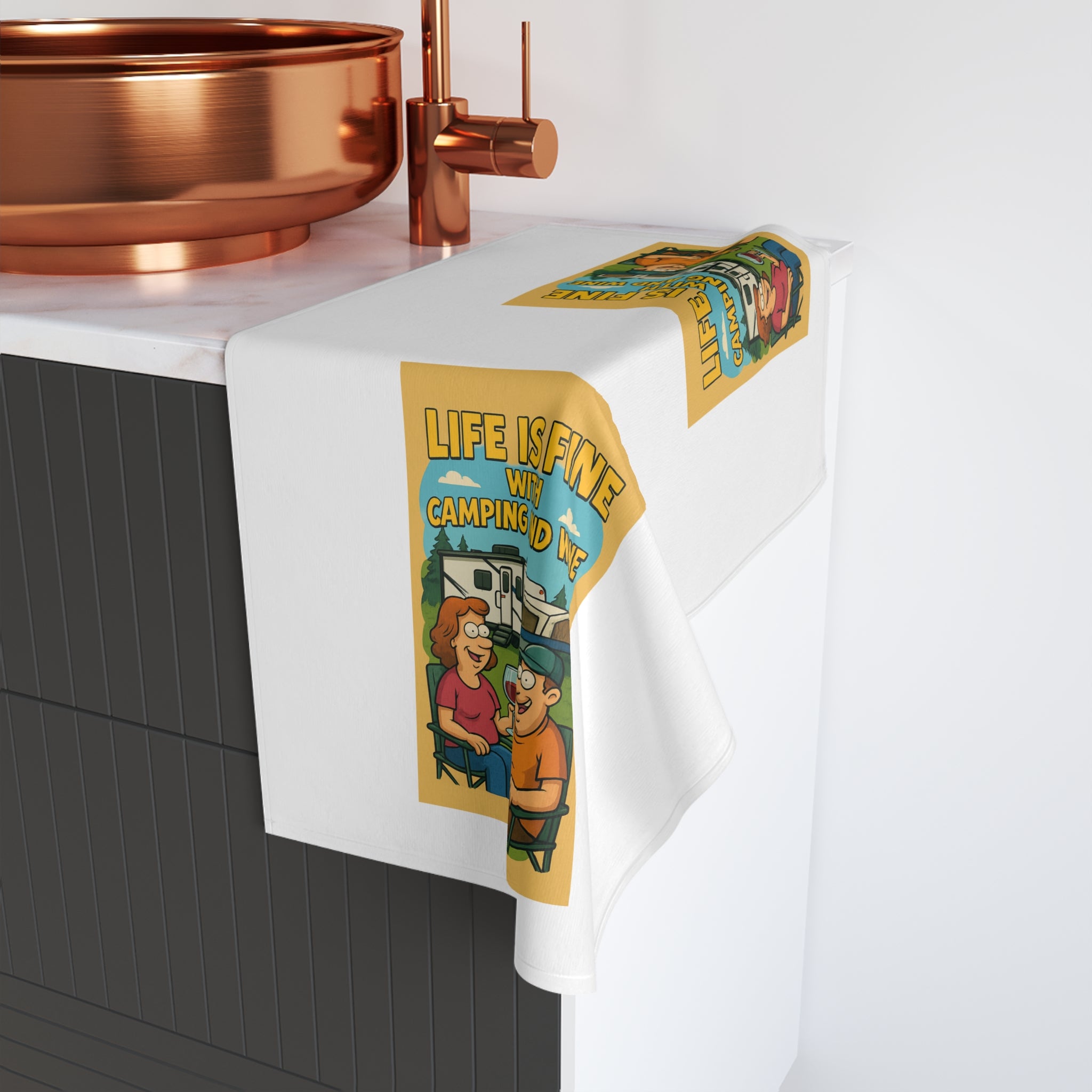 Camping and Wine Hand Towel, Life is Fine Dish Towel, Fun Kitchen Decor, Gift for Campers, Outdoor Enthusiast Gift