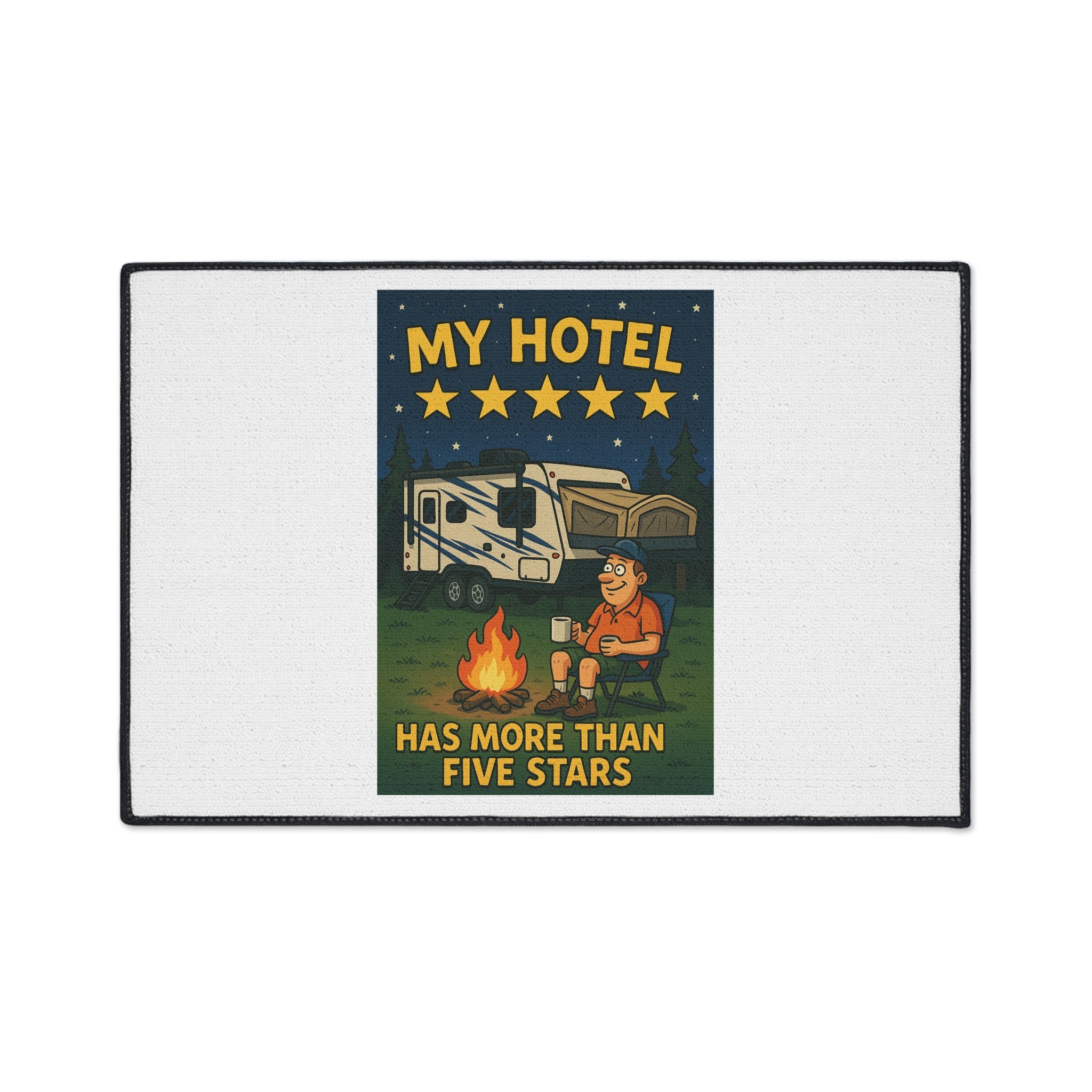 Camping Floor Mat - 'My Hotel Has More Than Five Stars' Rug, Outdoor Decor, RV Accessory, Entry Mat, Funny Camping Gift