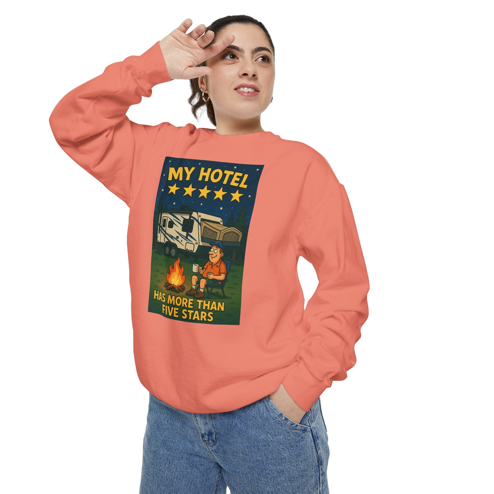 My Hotel Sweatshirt - Cozy Camping Apparel, Unisex Garment-Dyed Sweatshirt for Outdoor Lovers, Perfect for Bonfire Nights, Gift for Campers