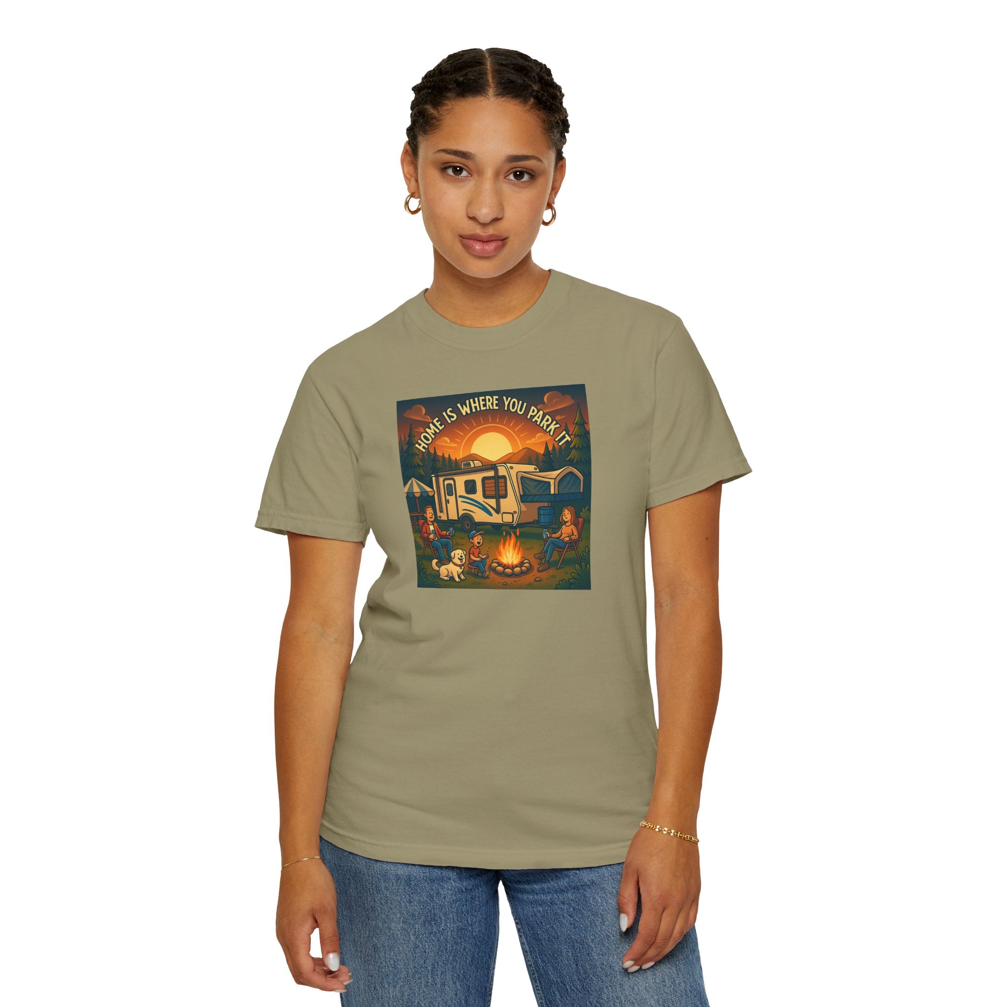 Home Is Where You Park T-shirt - Unisex Garment-Dyed Tee for Campers, Adventure Lovers, Outdoor Enthusiasts, Gift Idea