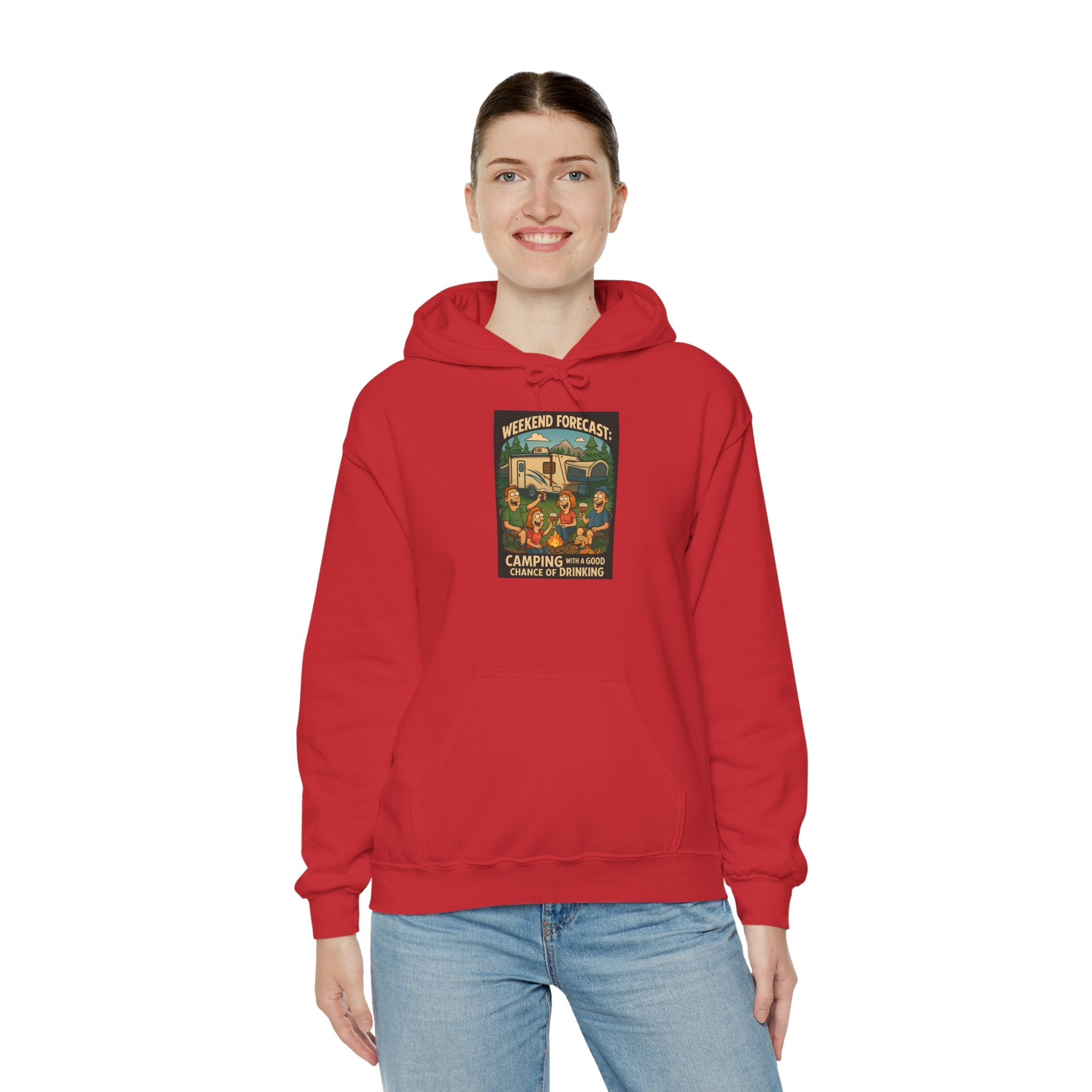 Camping Forecast Graphic Hoodie, Unisex Heavy Blend Sweatshirt, Outdoor Apparel, Weekend Getaway Gift, Nature Lover Clothing