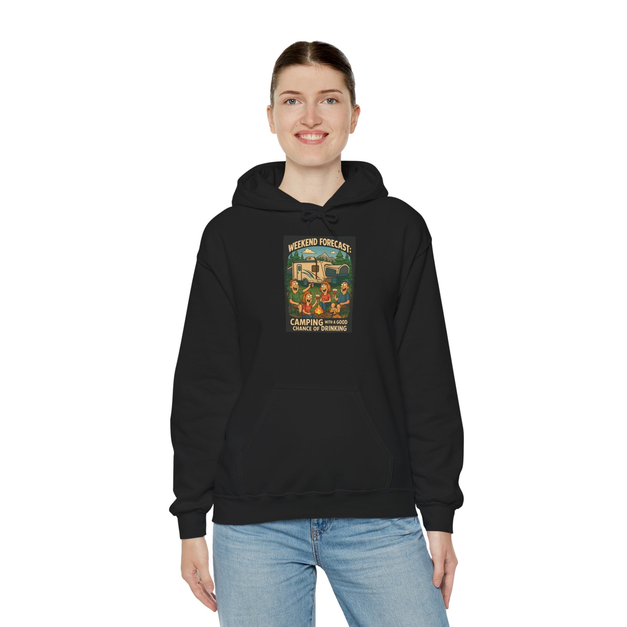 Camping Forecast Graphic Hoodie, Unisex Heavy Blend Sweatshirt, Outdoor Apparel, Weekend Getaway Gift, Nature Lover Clothing