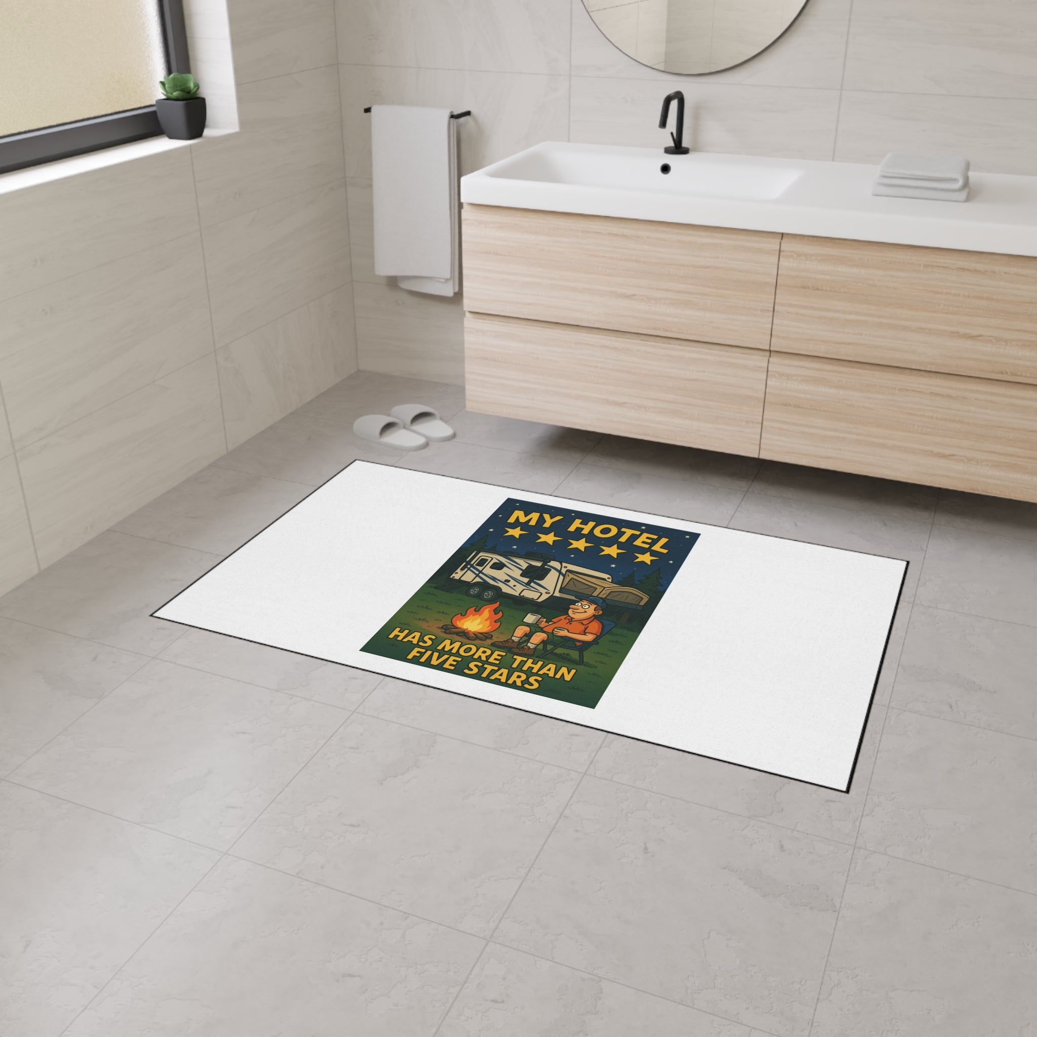 Camping Floor Mat - 'My Hotel Has More Than Five Stars' Rug, Outdoor Decor, RV Accessory, Entry Mat, Funny Camping Gift