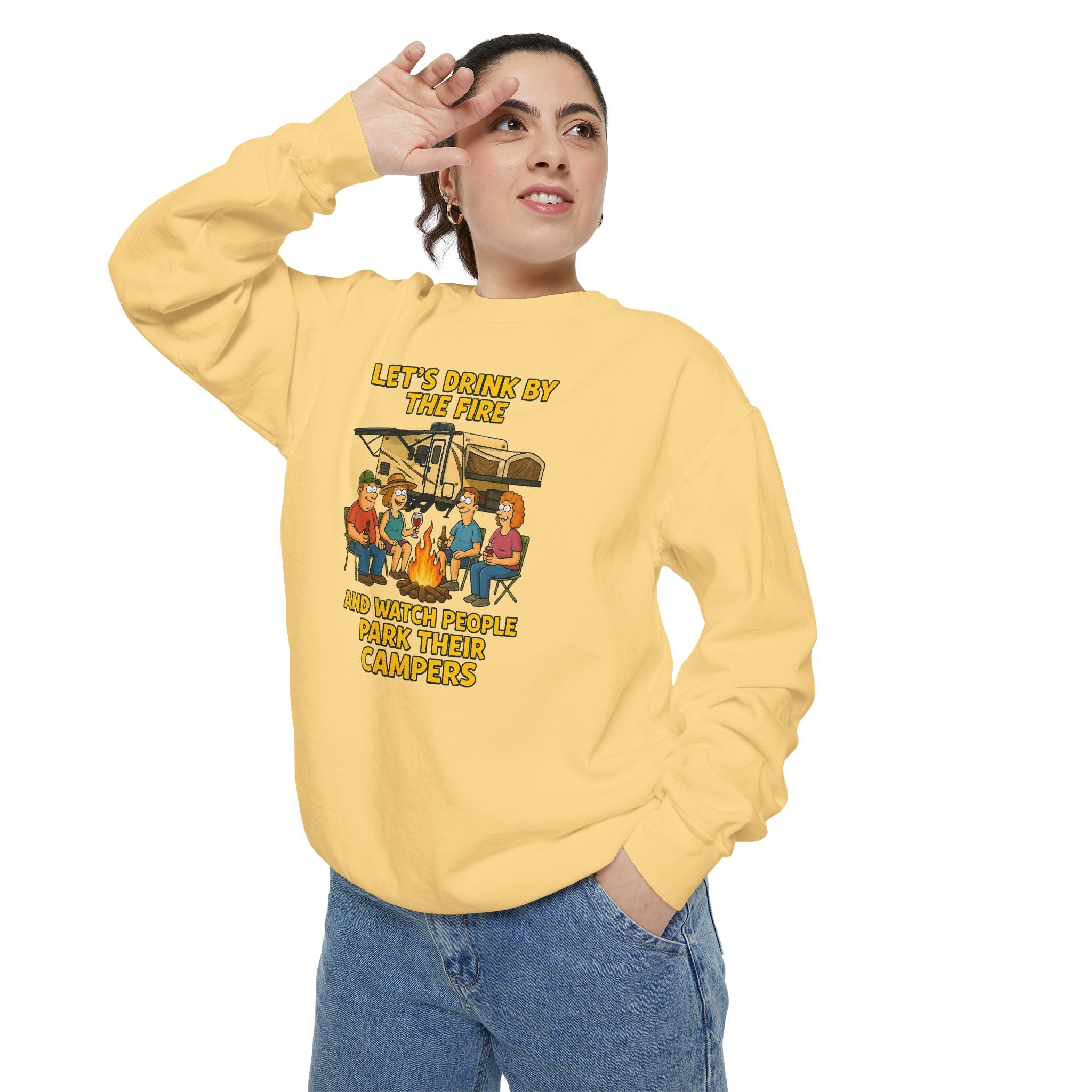 Cozy Campfire Sweatshirt - Let’s Drink by the Fire, Unisex Pullover, Perfect for Bonfires, Camping Trips, Outdoor Gatherings, Cozy Nights
