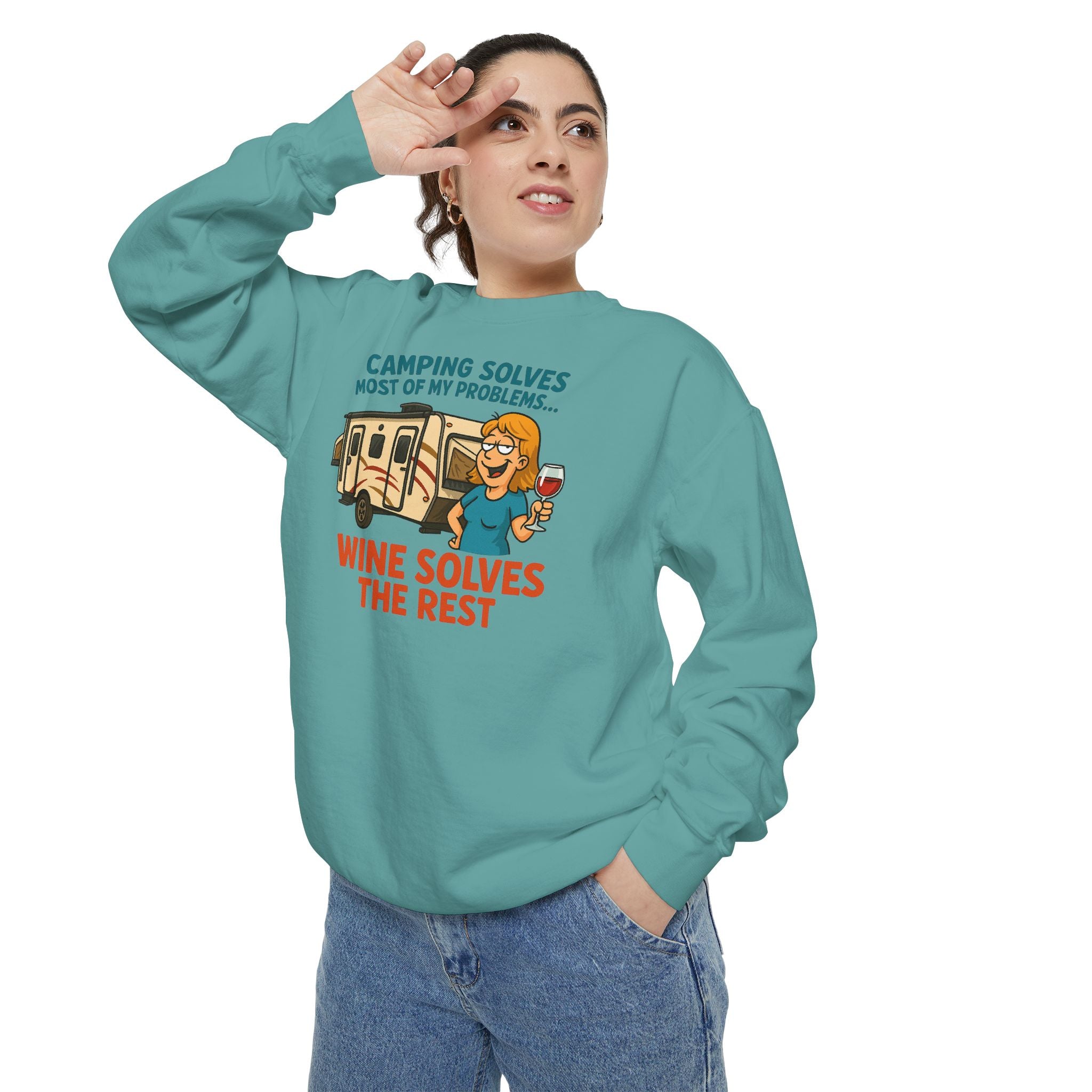 Camping Wine Sweatshirt | Unisex Garment-Dyed Pullover | Cozy Gift for Campers | Outdoor Adventures Apparel | Relaxed Fit Top