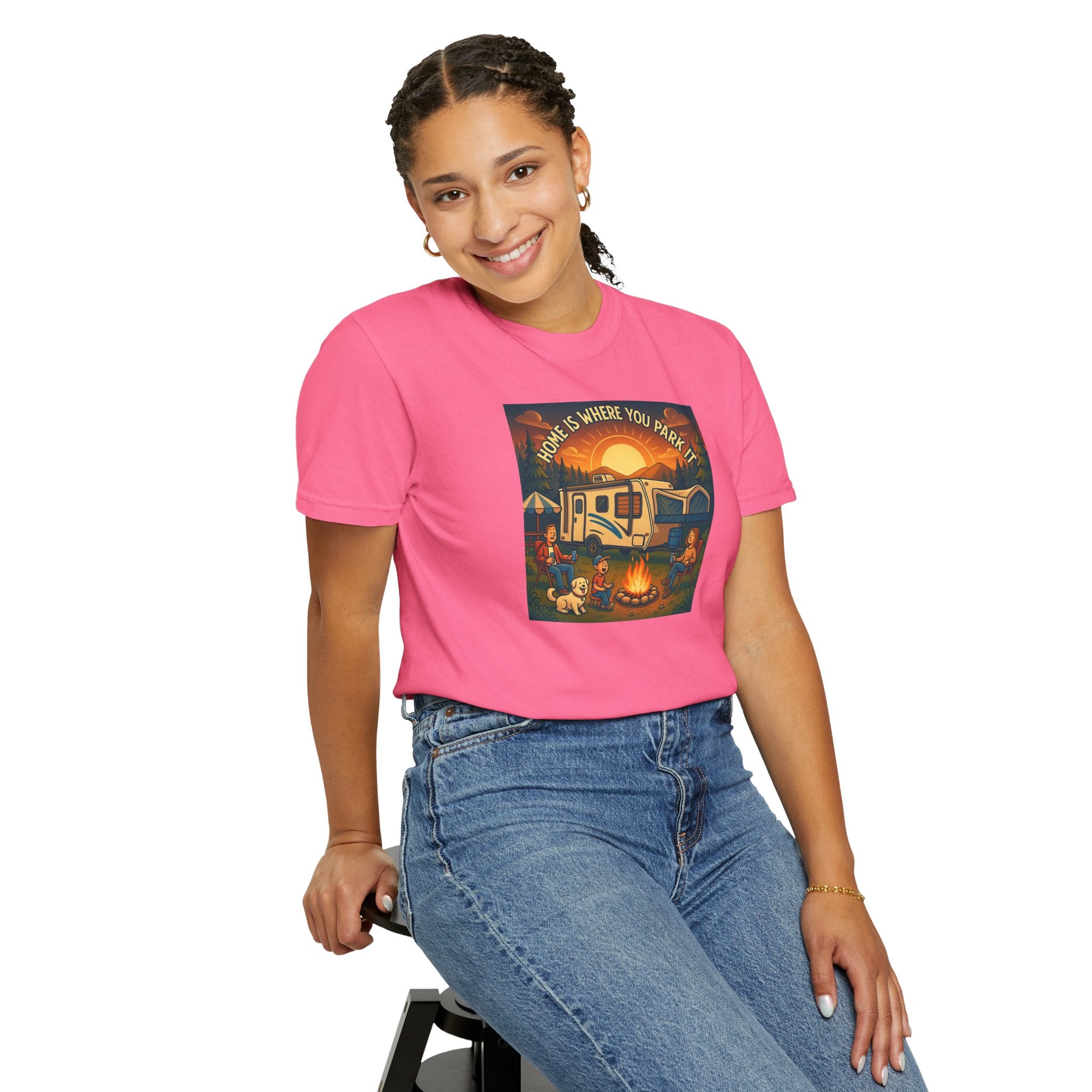 Home Is Where You Park T-shirt - Unisex Garment-Dyed Tee for Campers, Adventure Lovers, Outdoor Enthusiasts, Gift Idea