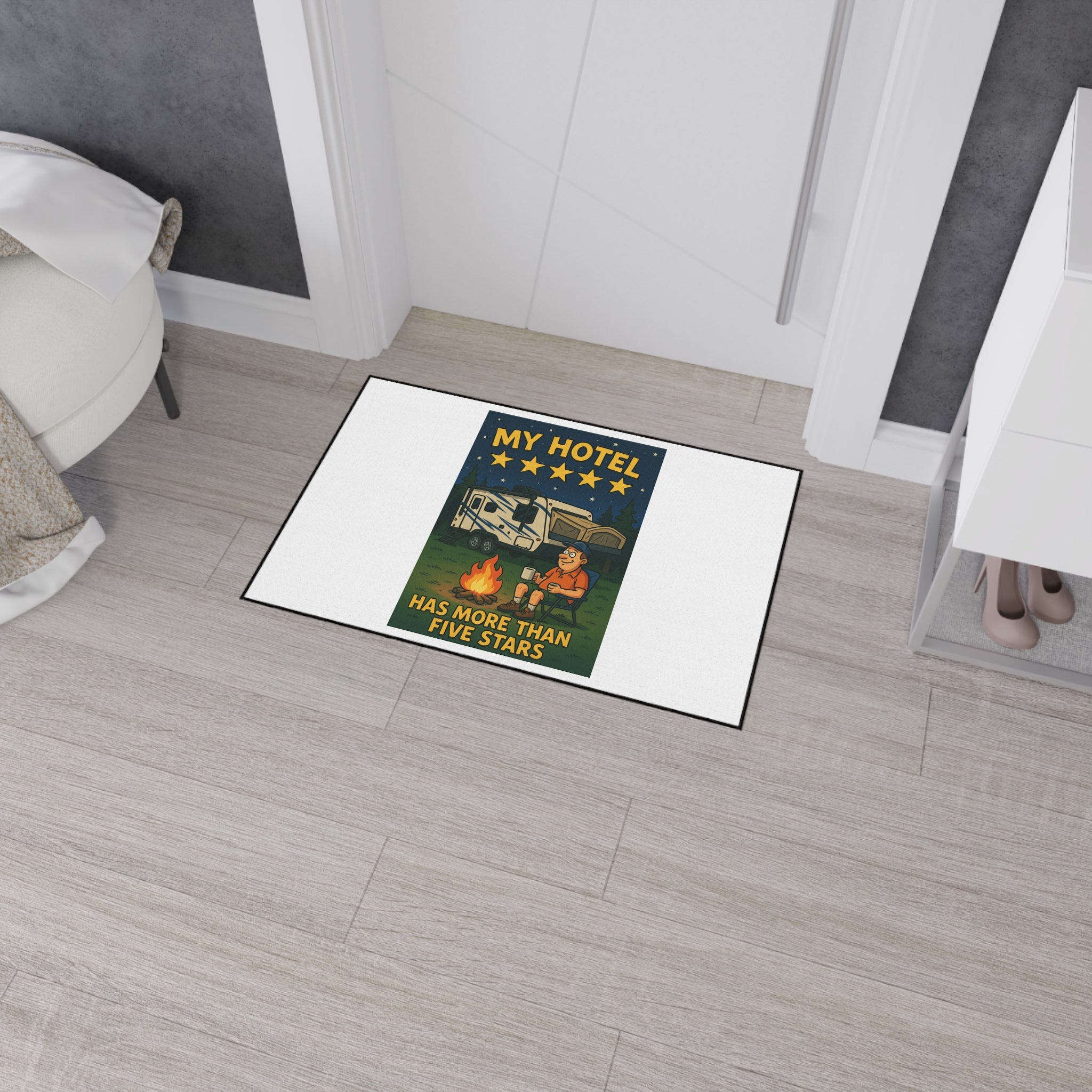 Camping Floor Mat - 'My Hotel Has More Than Five Stars' Rug, Outdoor Decor, RV Accessory, Entry Mat, Funny Camping Gift