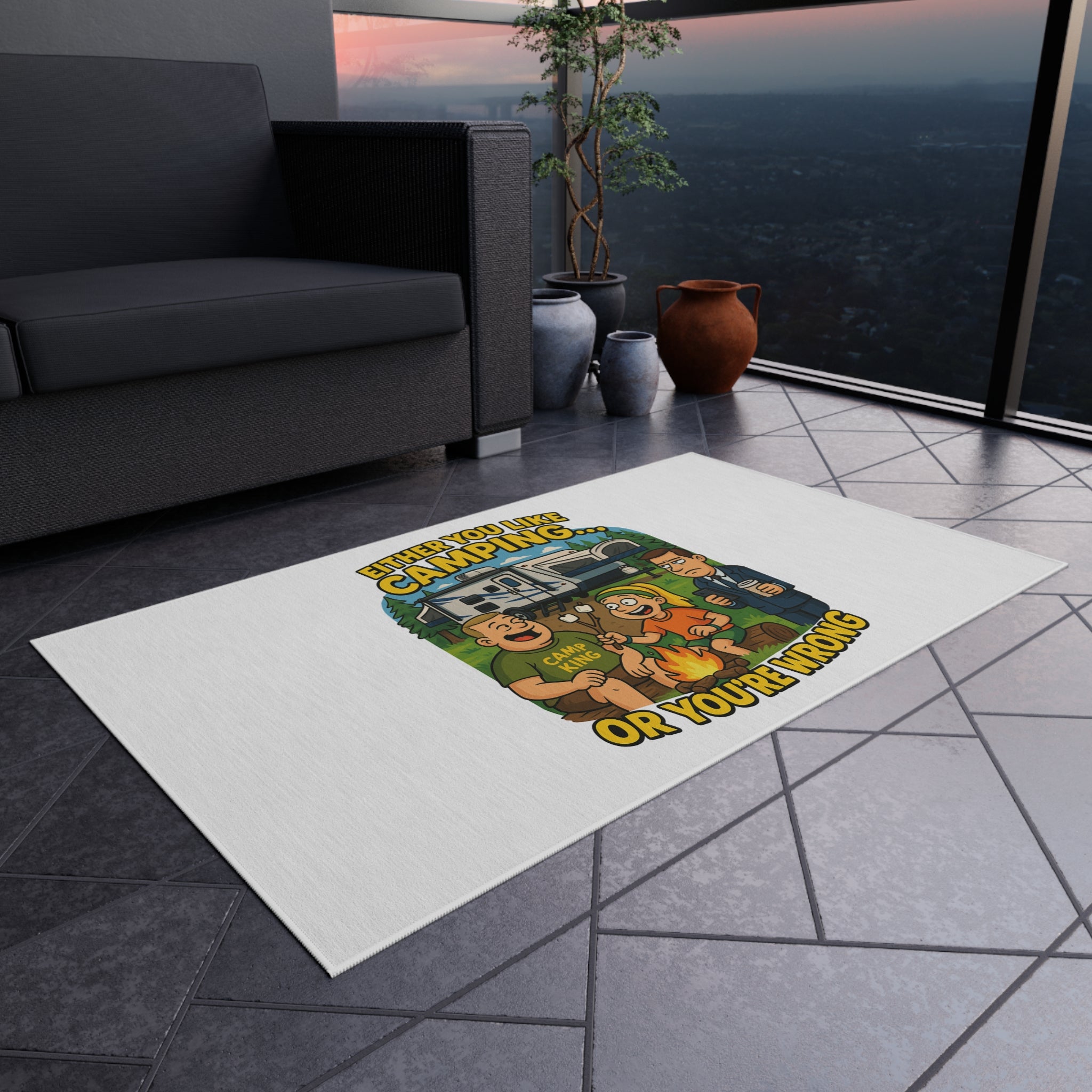 Camping-Themed Outdoor Rug: "Either You Like Camping... or You're Wrong"