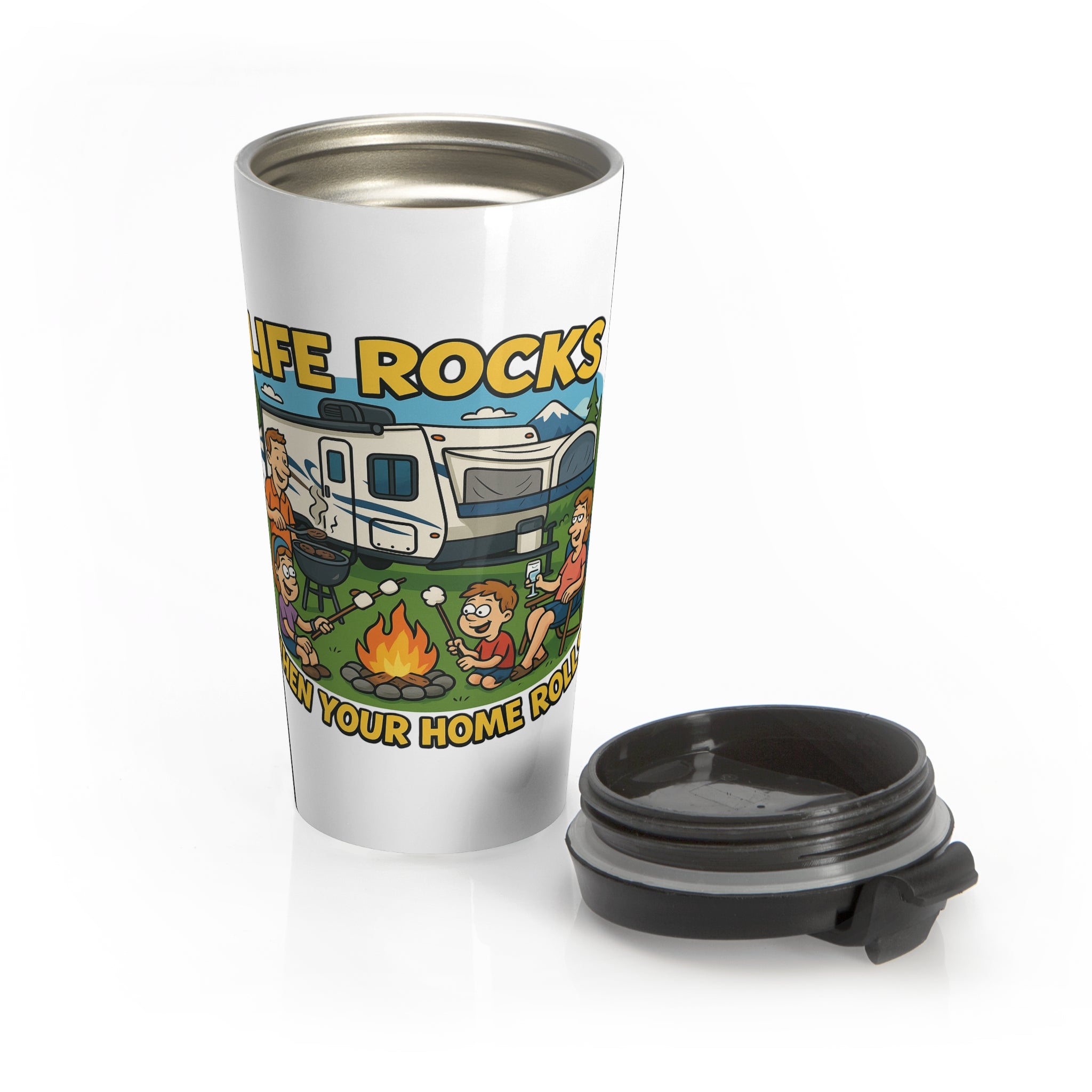 Adventure-Themed Stainless Steel Travel Mug | Camping Coffee Cup | Outdoorsy Gift | Road Trip Essential | Life Rocks Design