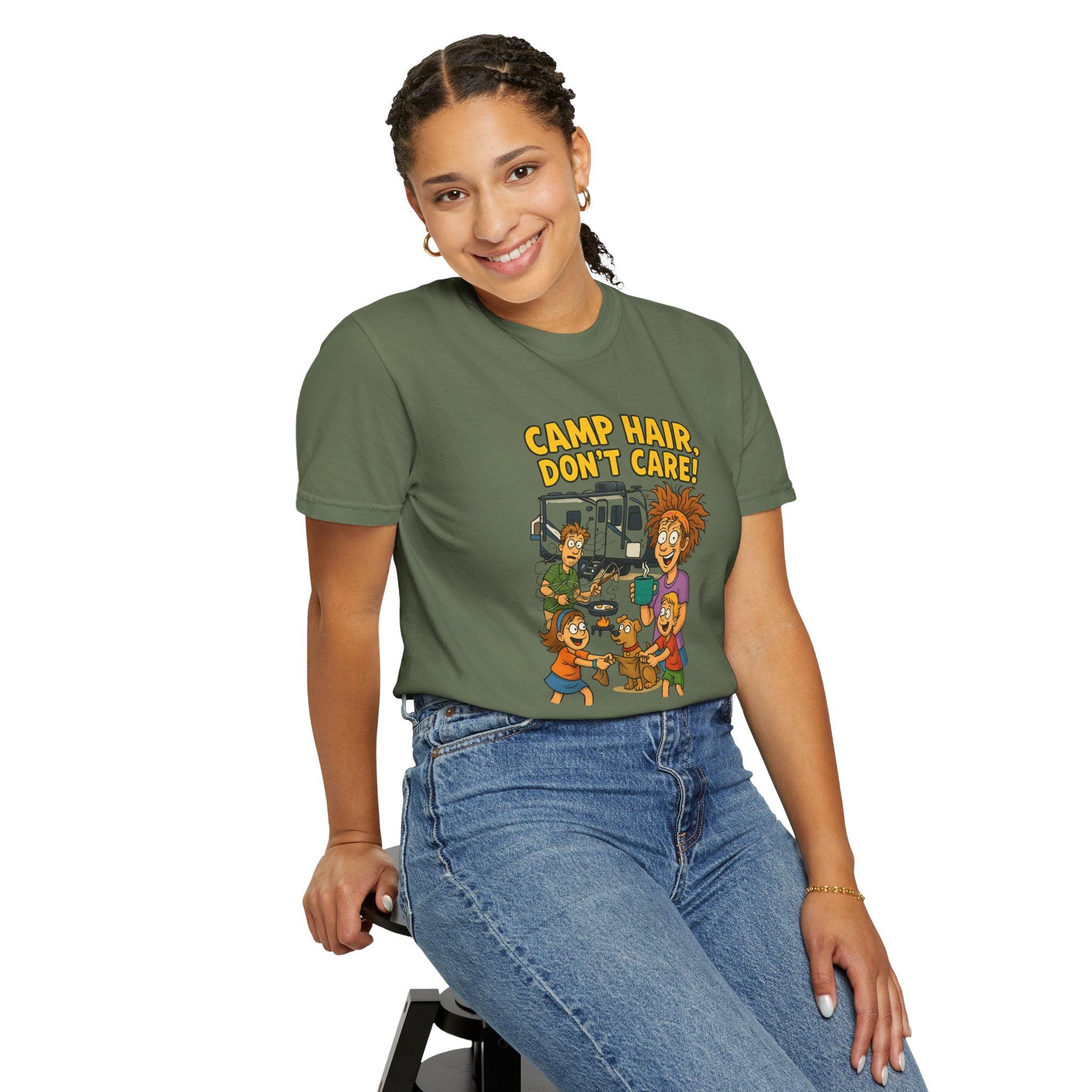 Camp Hair Don't Care T-Shirt, Unisex Garment-Dyed Tee, Camping Apparel, Funny Summer Shirt, Outdoor Lovers Gift, Vacation Essential