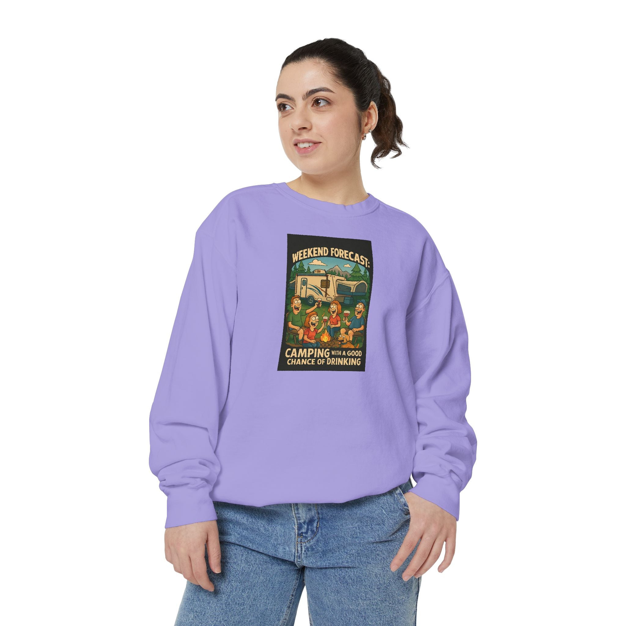 Weekend Forecast Camping Sweatshirt, Cozy Unisex Sweatshirt, Gift for Campers, Outdoor Adventure Apparel, Relaxed Fit Sweatshirt