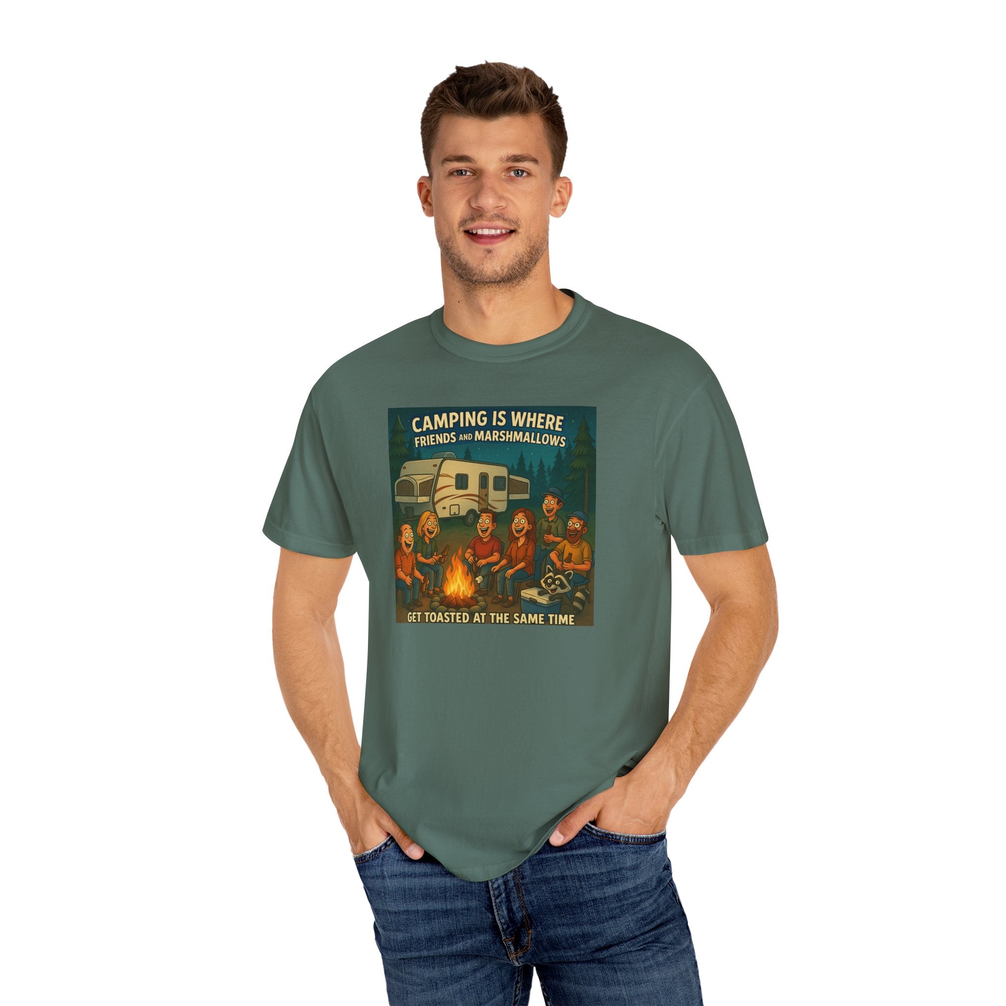 Camping T-Shirt: Get Toasted with Friends, Unisex Garment-Dyed Tee, Outdoor Adventure Shirt, Camping Gift, Summer BBQ Shirt, Family [...]