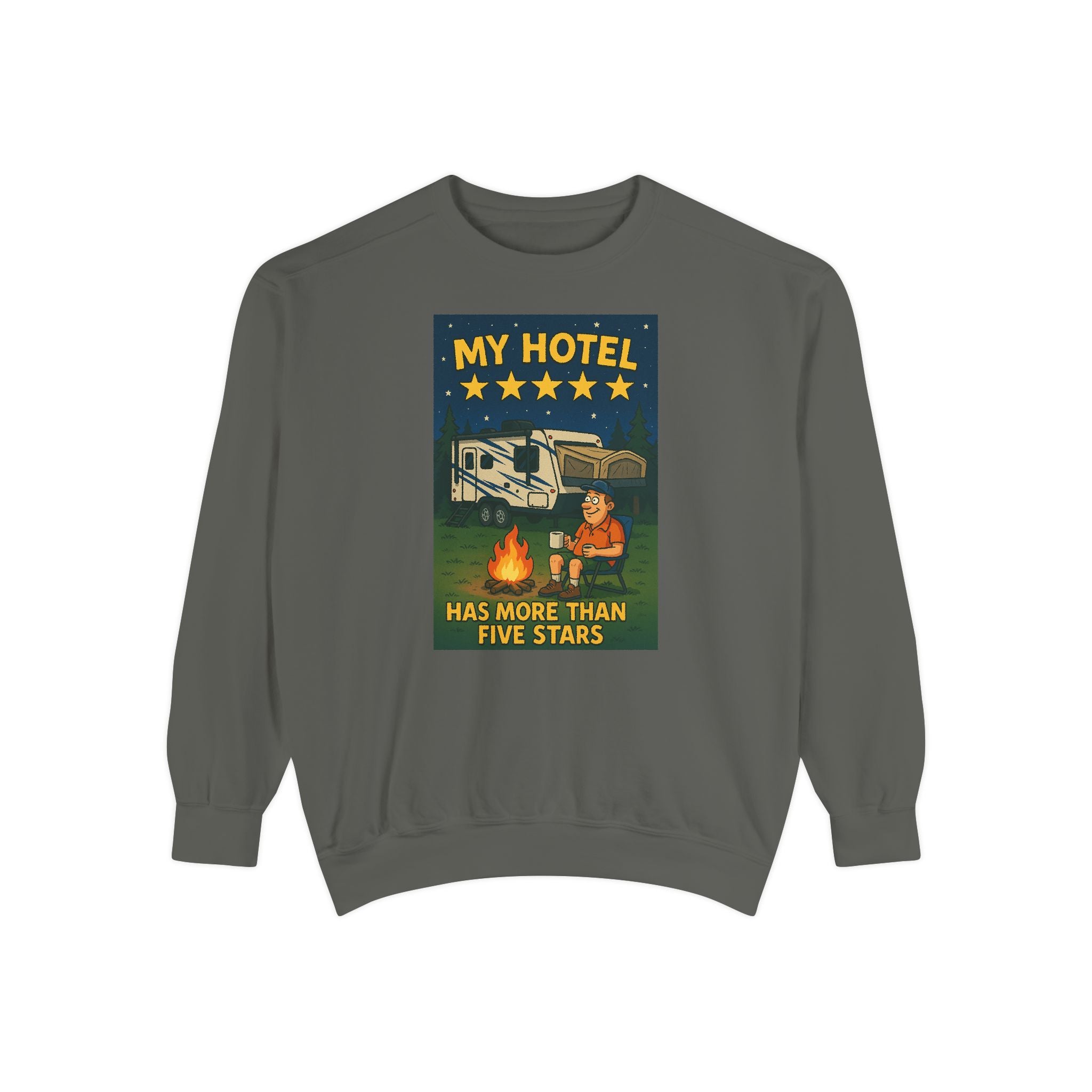 My Hotel Sweatshirt - Cozy Camping Apparel, Unisex Garment-Dyed Sweatshirt for Outdoor Lovers, Perfect for Bonfire Nights, Gift for Campers