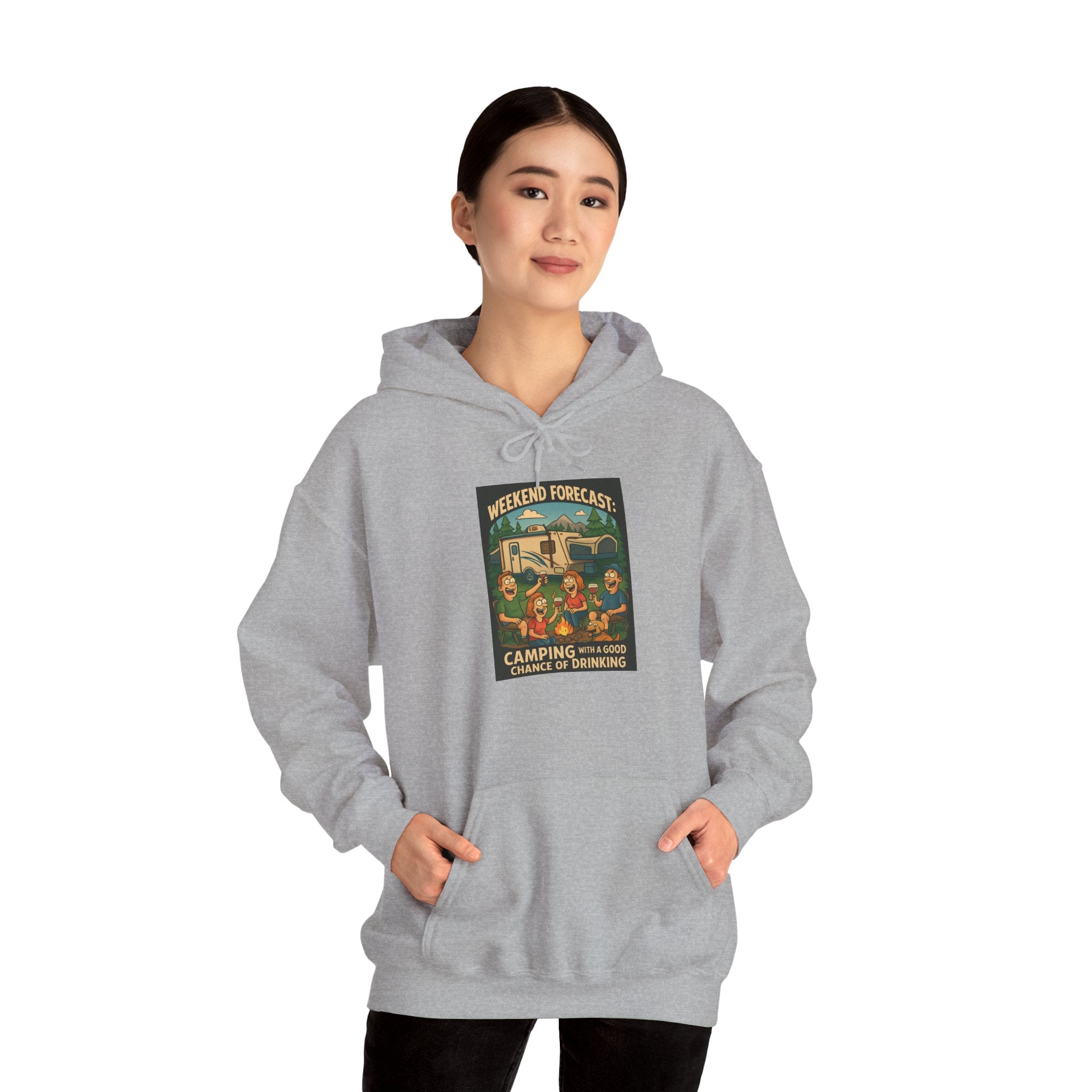 Camping Forecast Graphic Hoodie, Unisex Heavy Blend Sweatshirt, Outdoor Apparel, Weekend Getaway Gift, Nature Lover Clothing