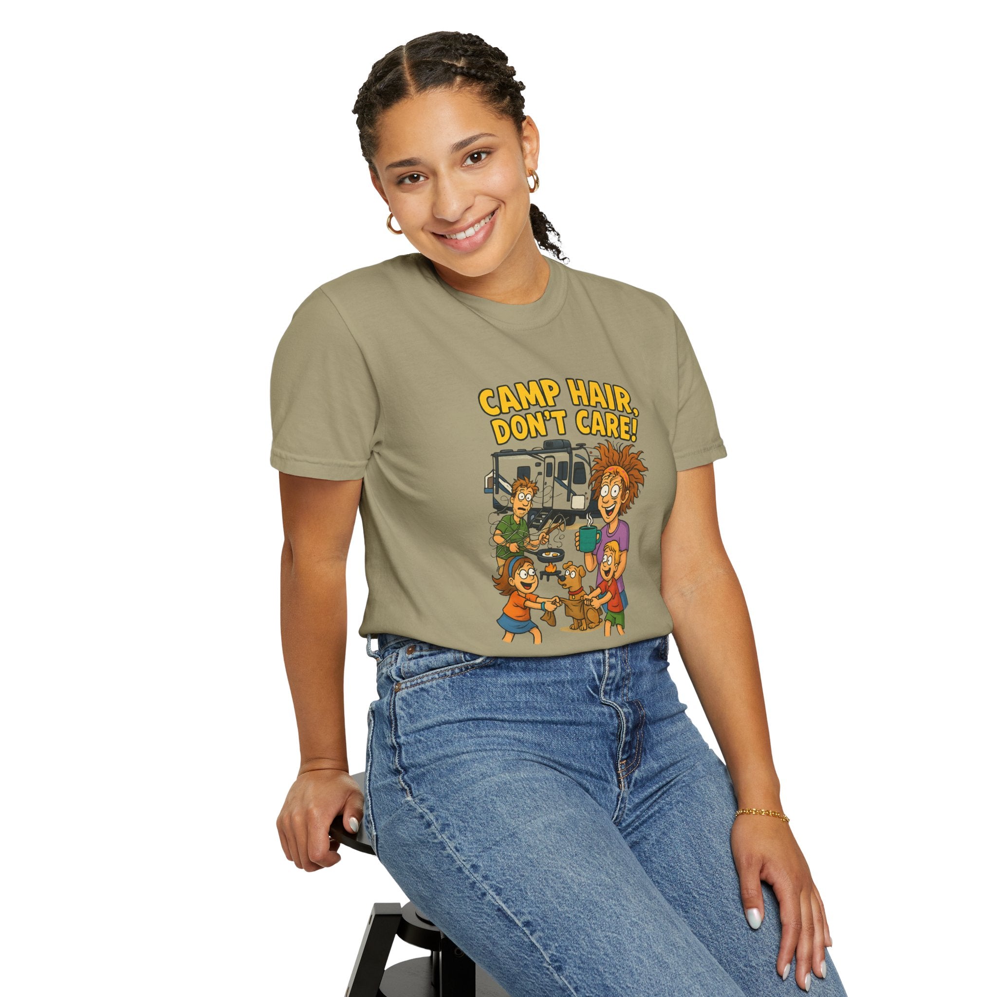Camp Hair Don't Care T-Shirt, Unisex Garment-Dyed Tee, Camping Apparel, Funny Summer Shirt, Outdoor Lovers Gift, Vacation Essential